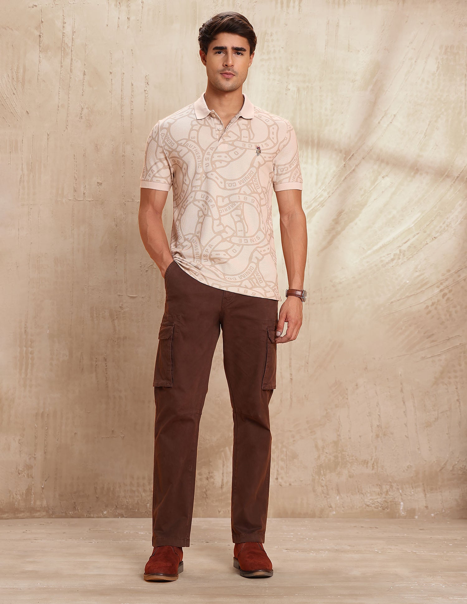 Pure Cotton All-Over Printed Polo Shirt Beige - U.S. POLO ASSN. | Large