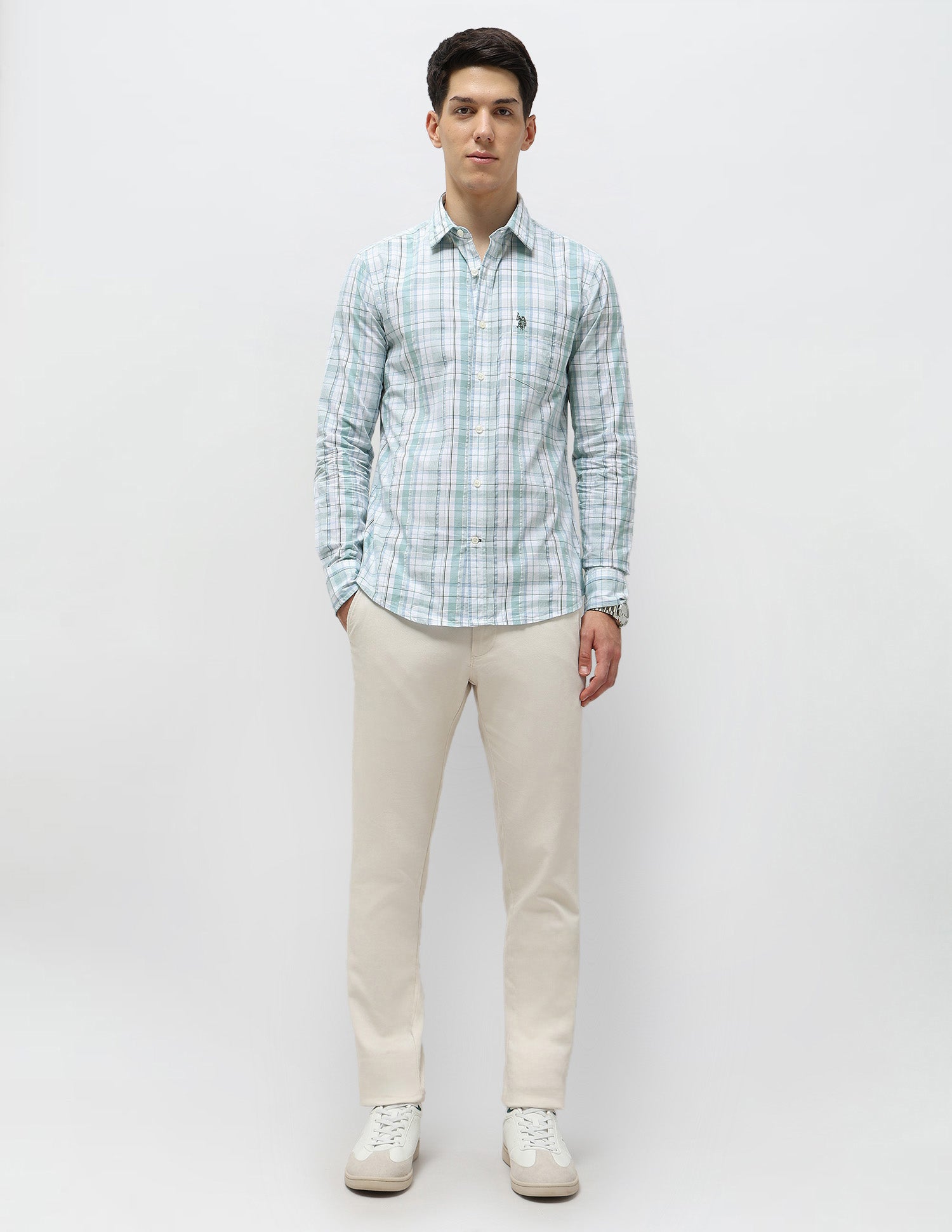 Tartan Checked Seersucker Shirt Light Green - U.S. Polo Assn. India | Large