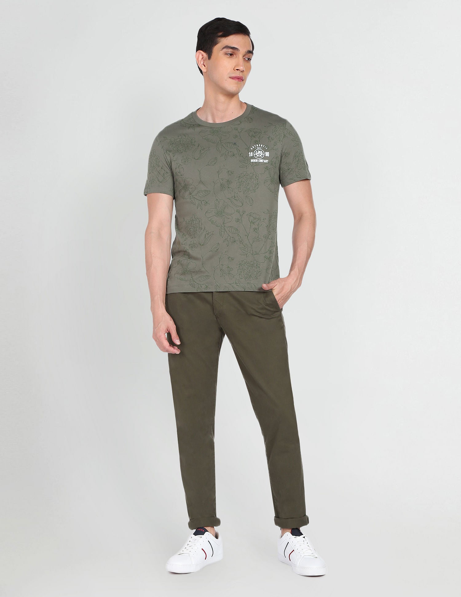 Crew Neck Floral Print T-Shirt Olive - U.S. Polo Assn. India | Large