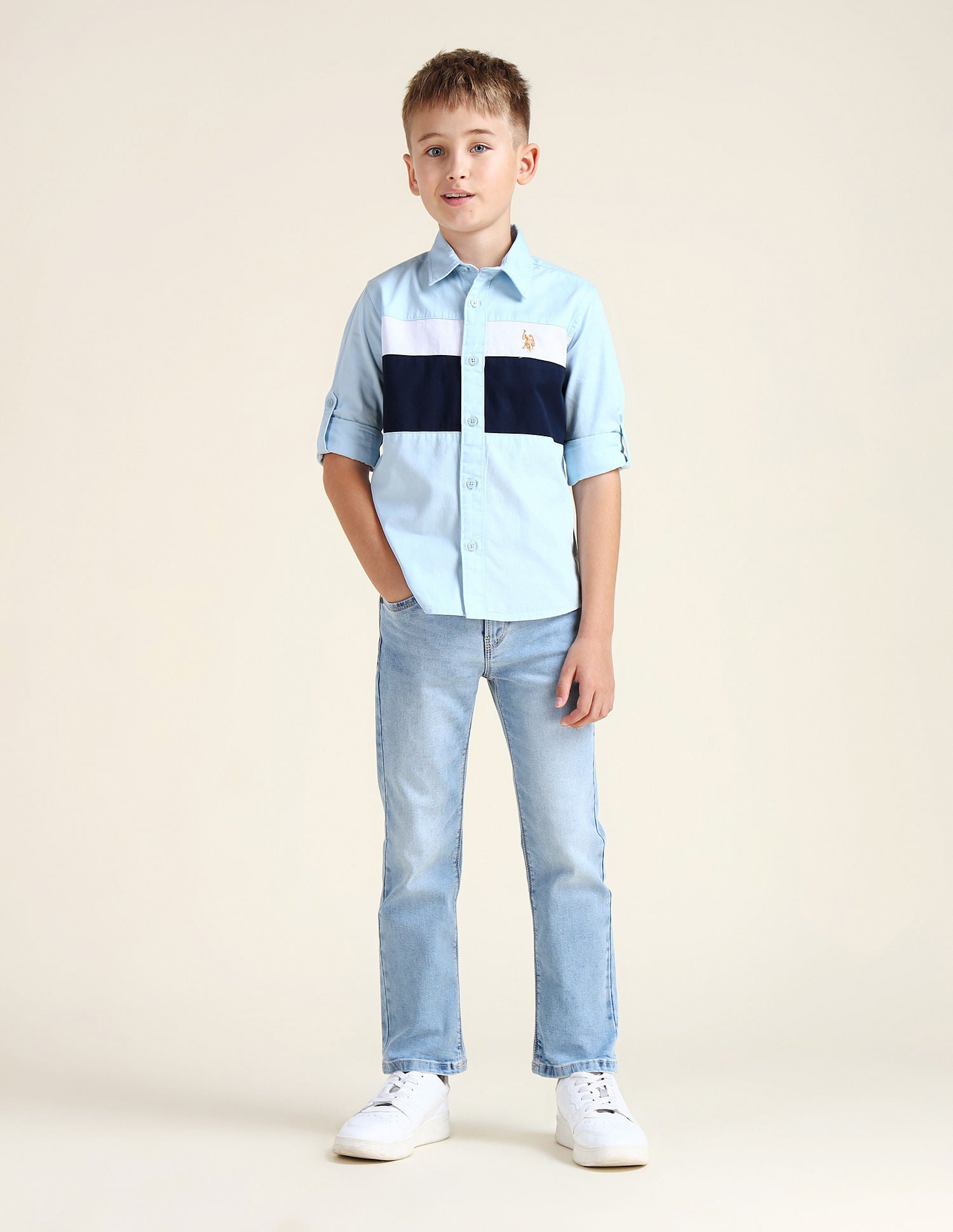 Boys Colour Block Cotton Shirt Light Blue - U.S. POLO ASSN. | Large