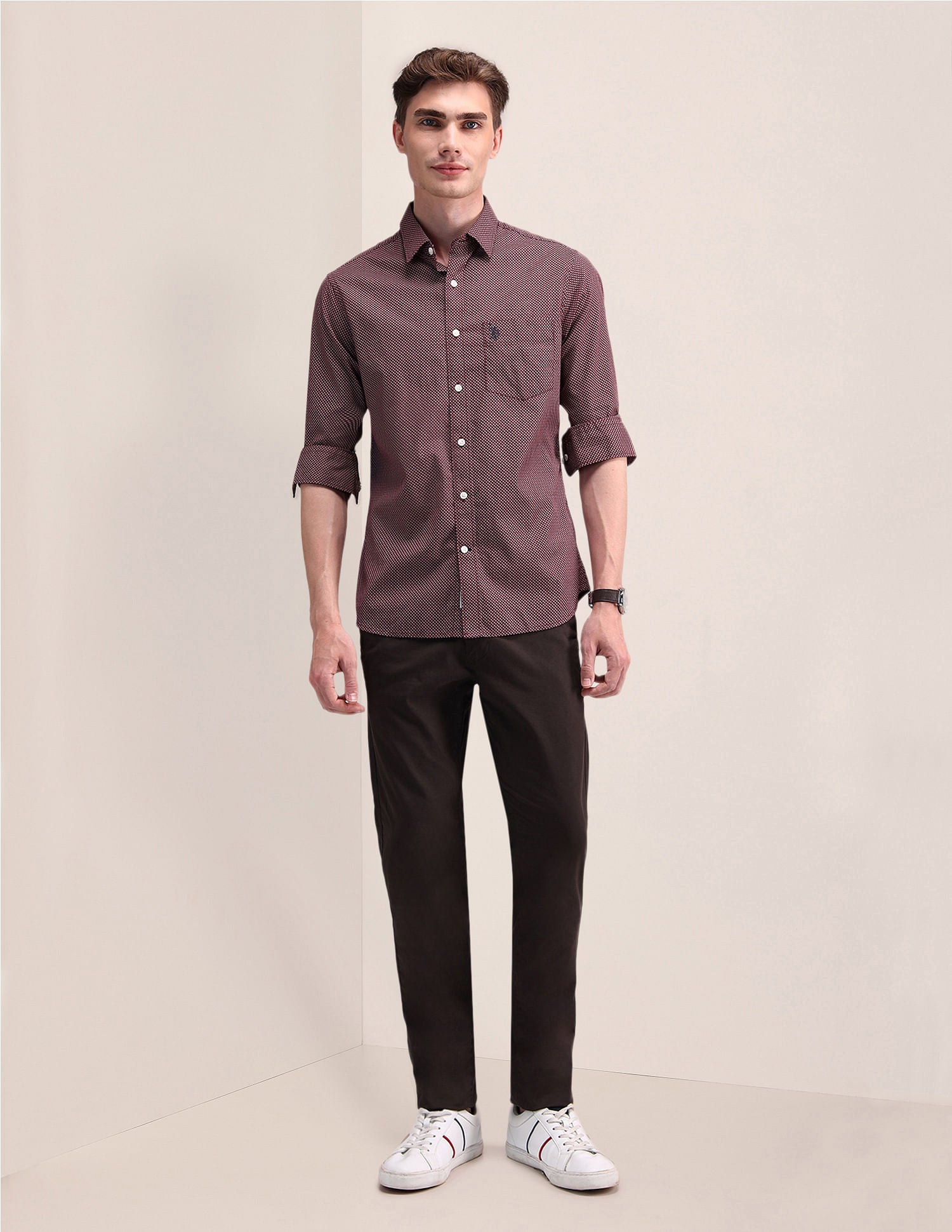 Geometric Print Pure Cotton Shirt Maroon - U.S. Polo Assn. India | Large