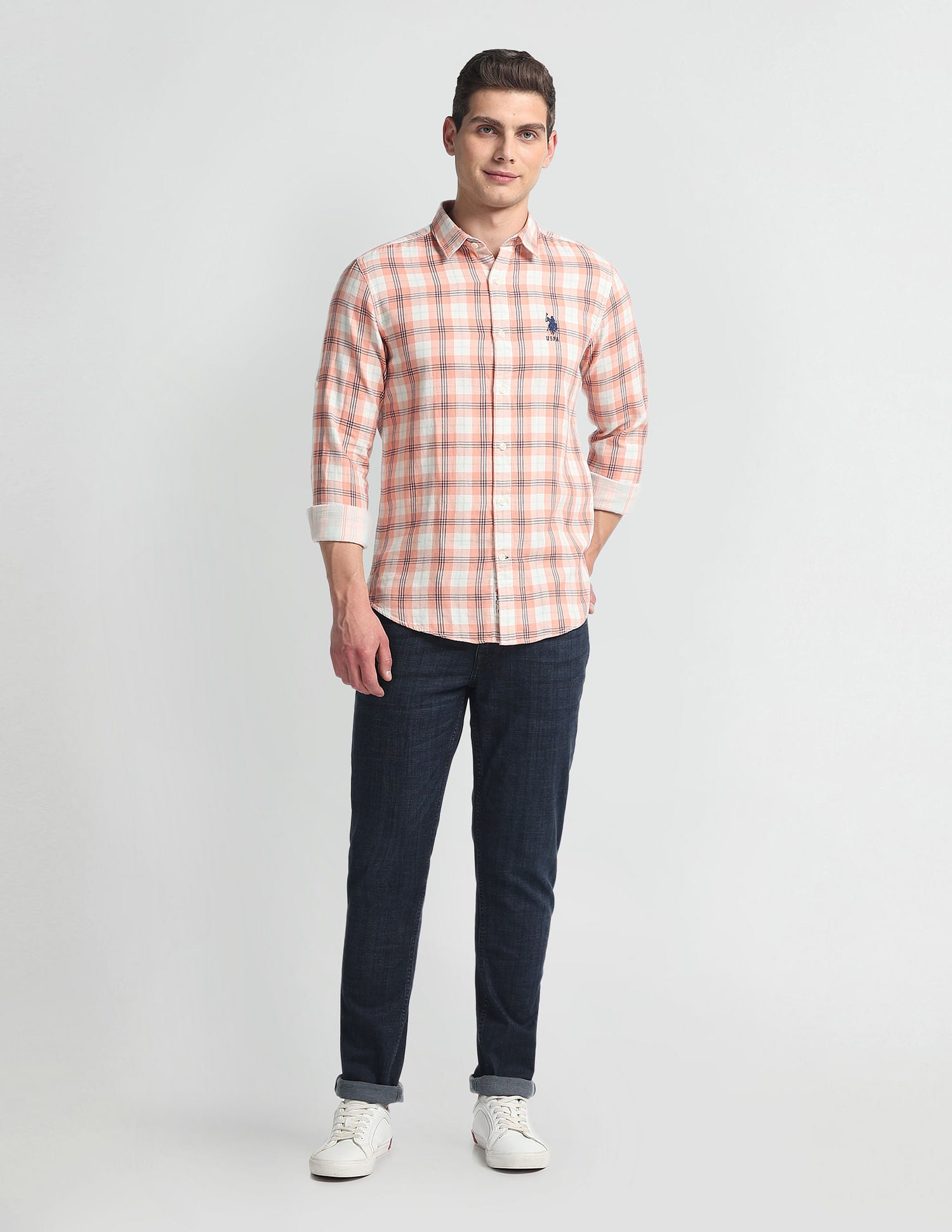 Slim Fit Tartan Check Shirt Peach - U.S. Polo Assn. India | Large
