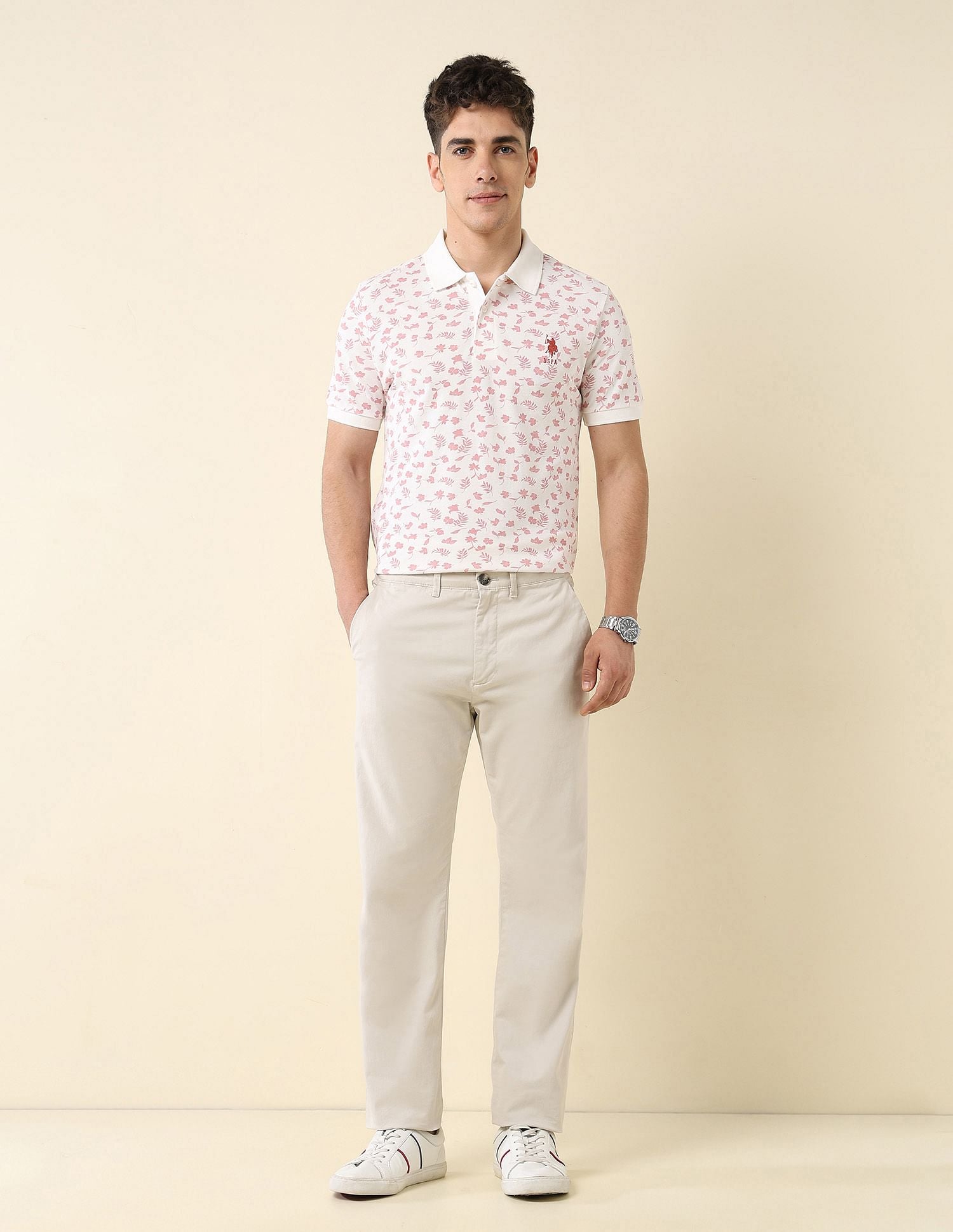 All-Over Printed Slim Fit Polo Shirt Off White - U.S. Polo Assn. India | Large