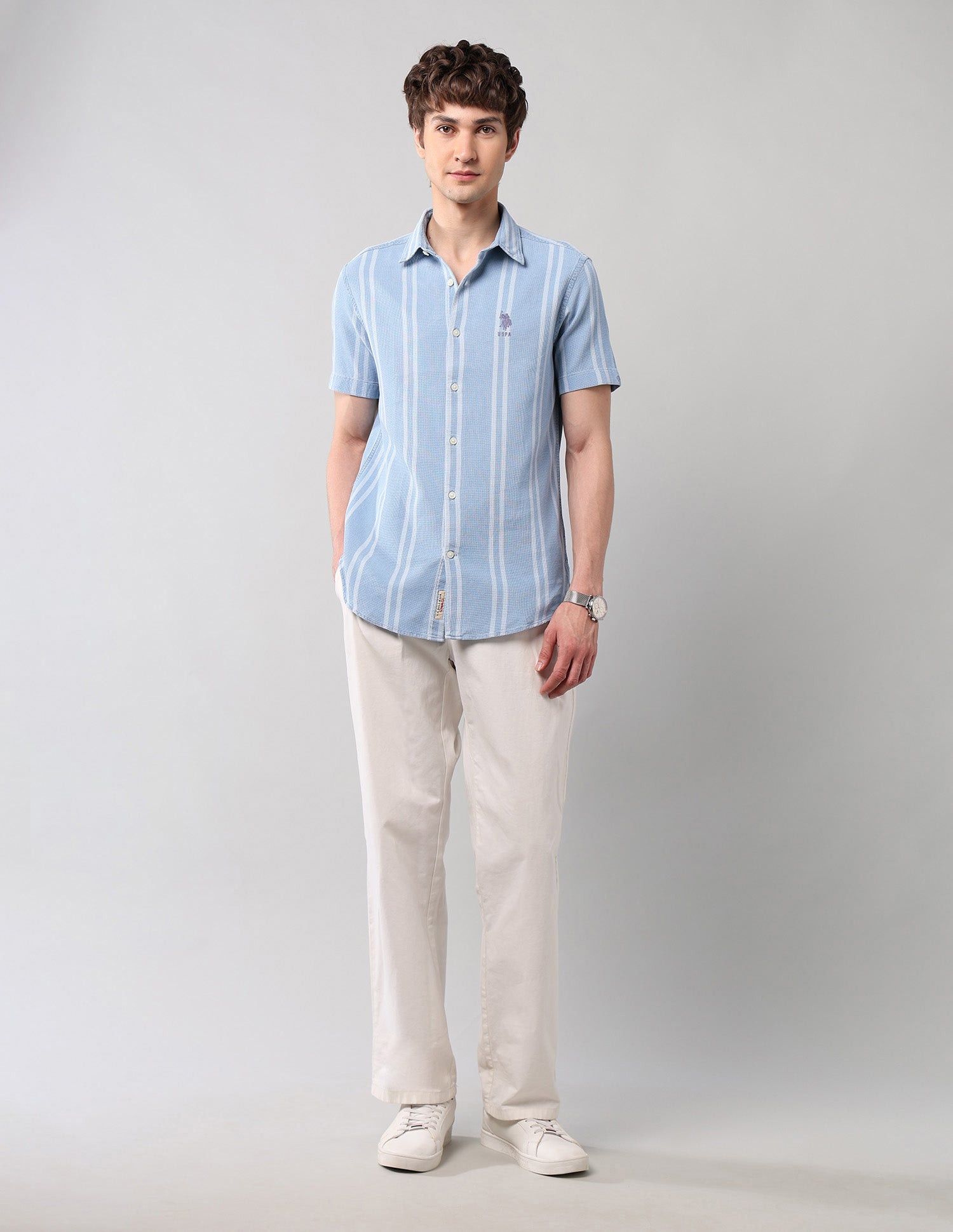 Vertical Striped Pure Cotton Shirt Light Indigo - U.S. Polo Assn. India | Large