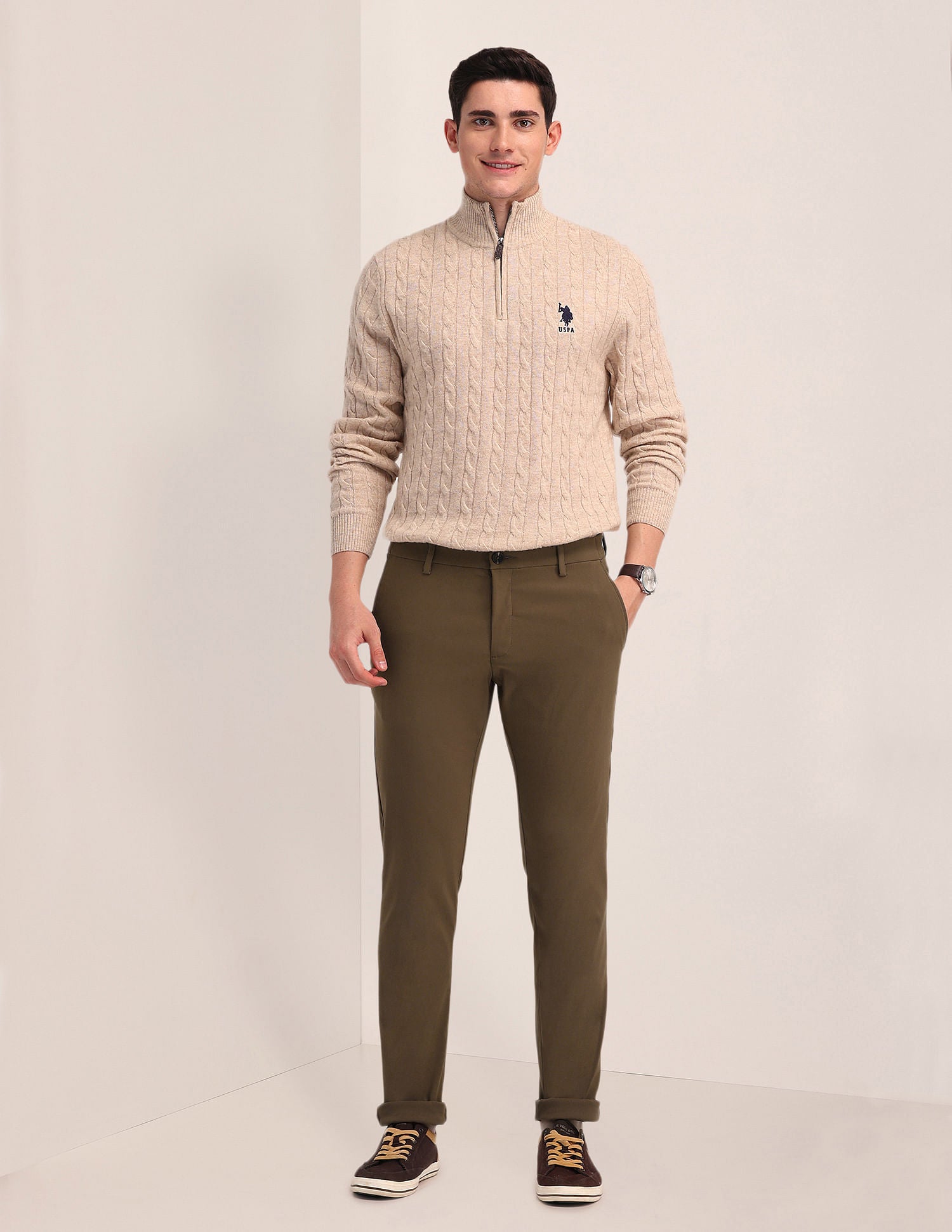 Solid Austin Trim Fit Trousers Brown - U.S. Polo Assn. India | Large