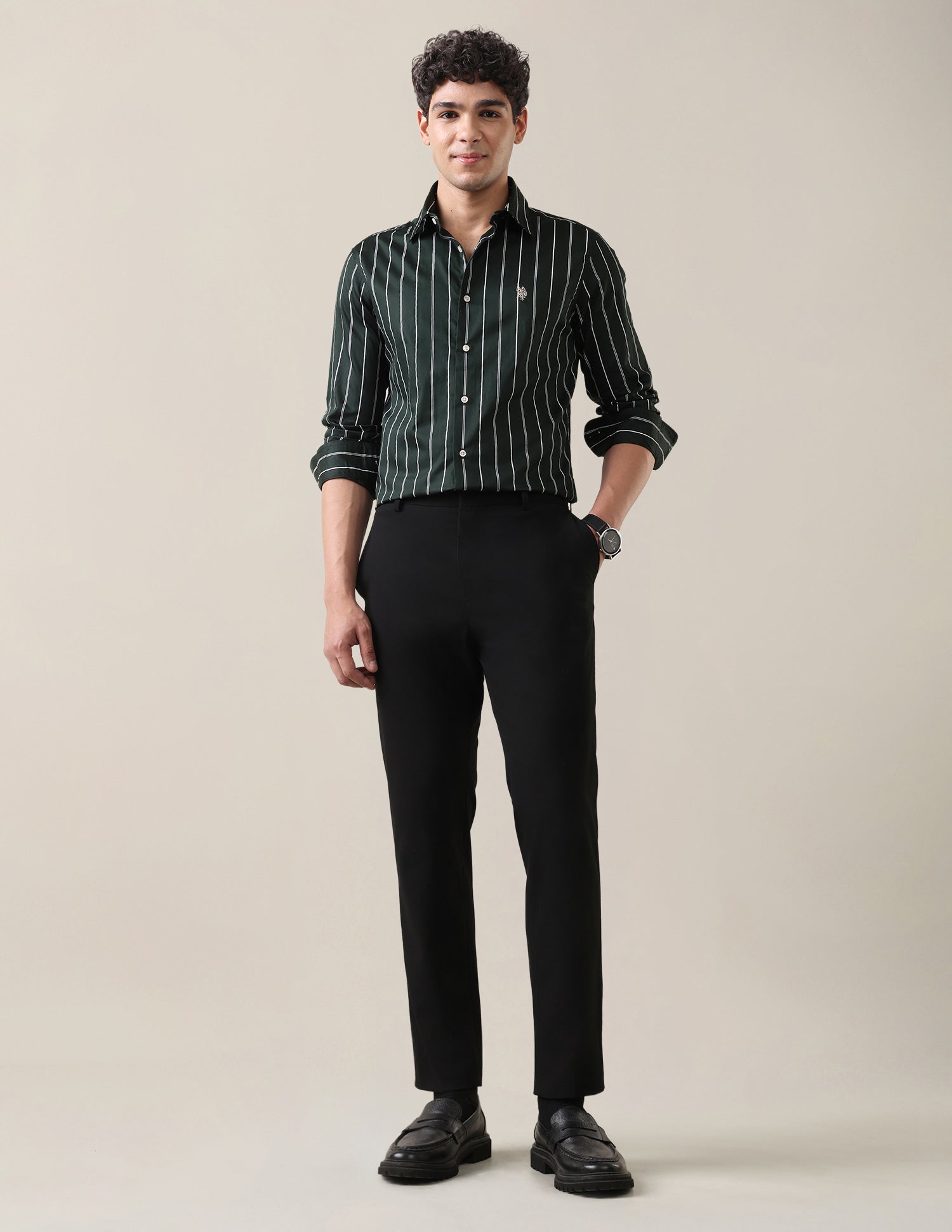 Satin Vertical Striped Shirt Dark Green - U.S. Polo Assn. India | Large
