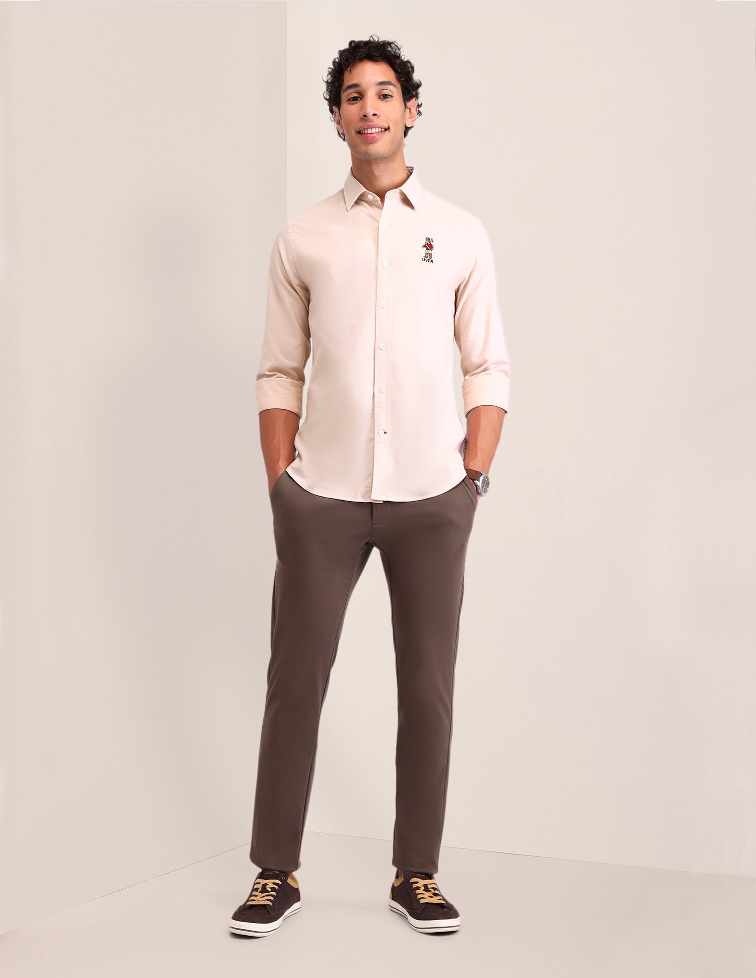 Solid Cotton Shirt Beige - U.S. POLO ASSN. | Large