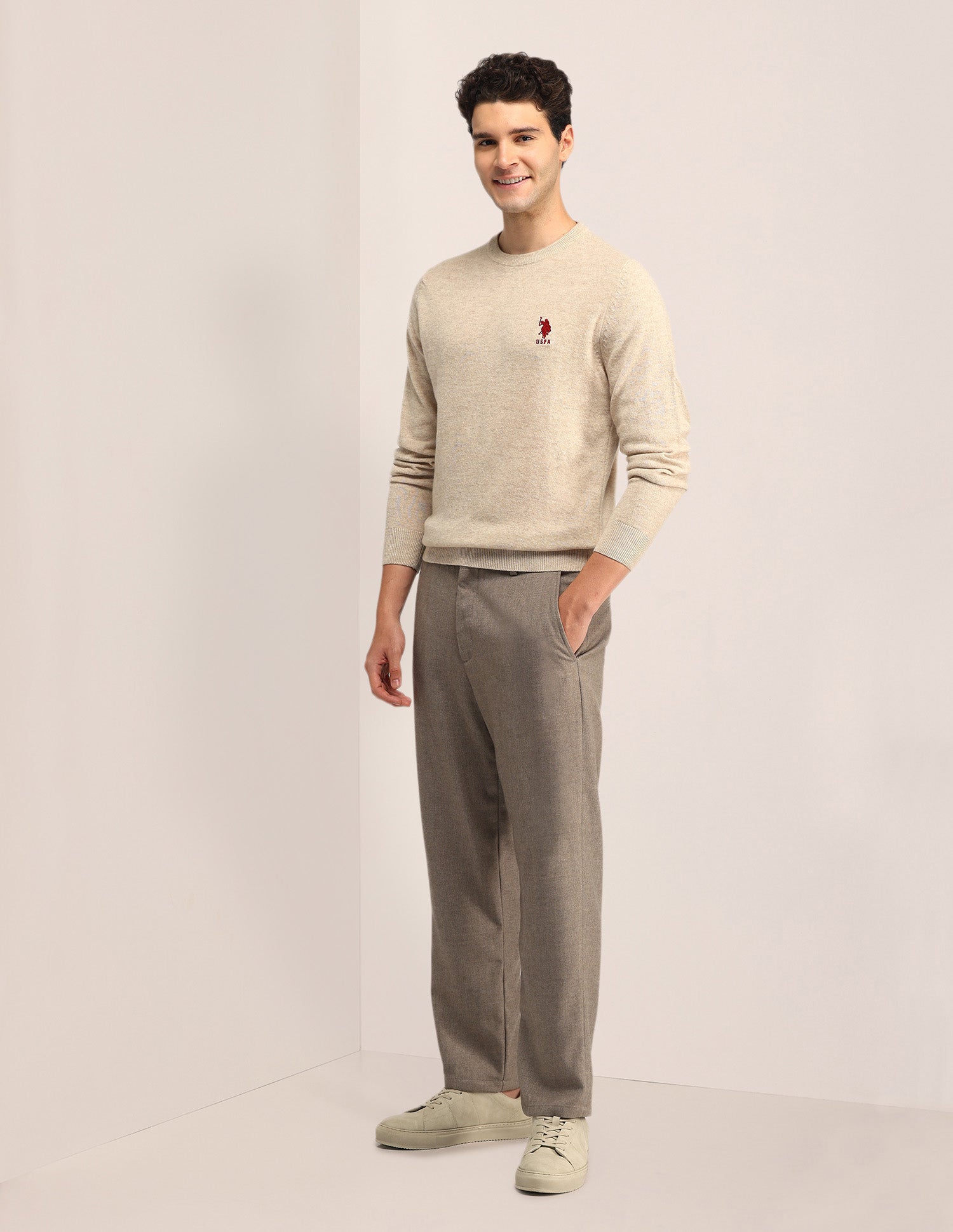 Textured Regular Fit Sweater Beige - U.S. Polo Assn. India | Large