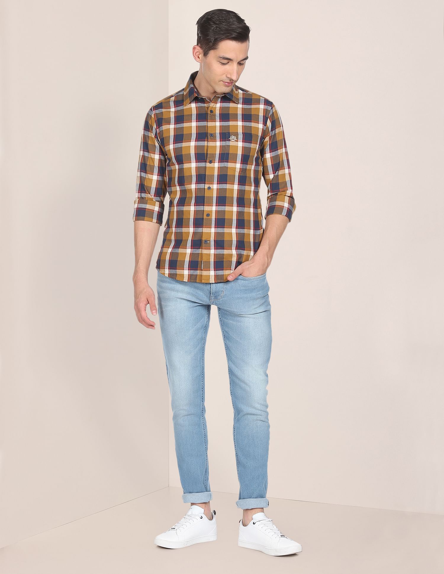 Men Brown Twill Weave Check Casual Shirt Brown - U.S. POLO ASSN. | Large