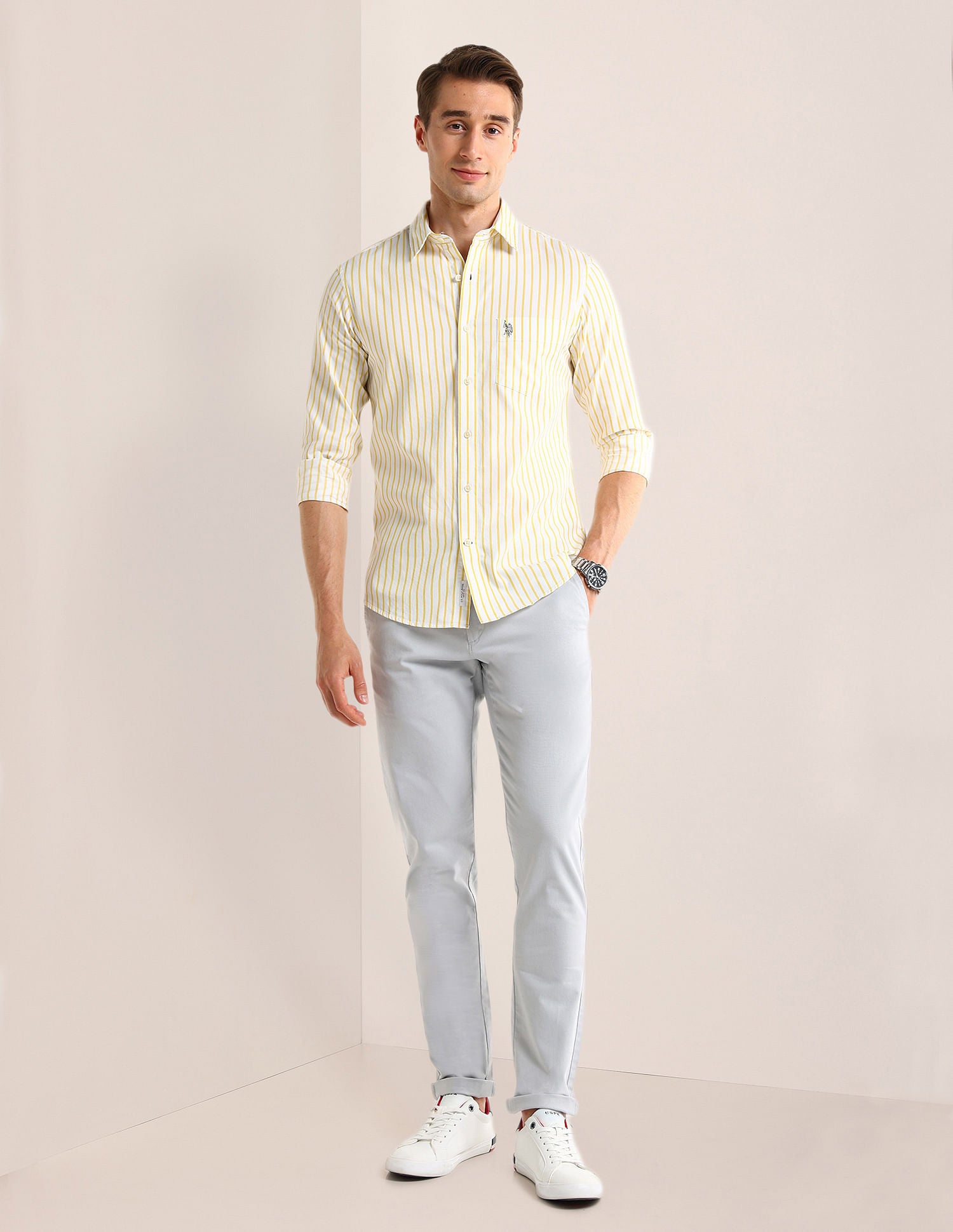 Tailored Fit Vertical Striped Shirt Yellow - U.S. POLO ASSN. | Large