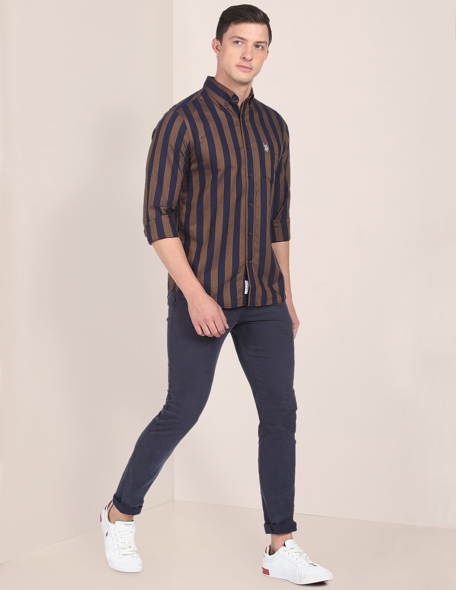 Vertical Stripe Oxford Casual Shirt Brown and Navy - U.S. Polo Assn. India | Large