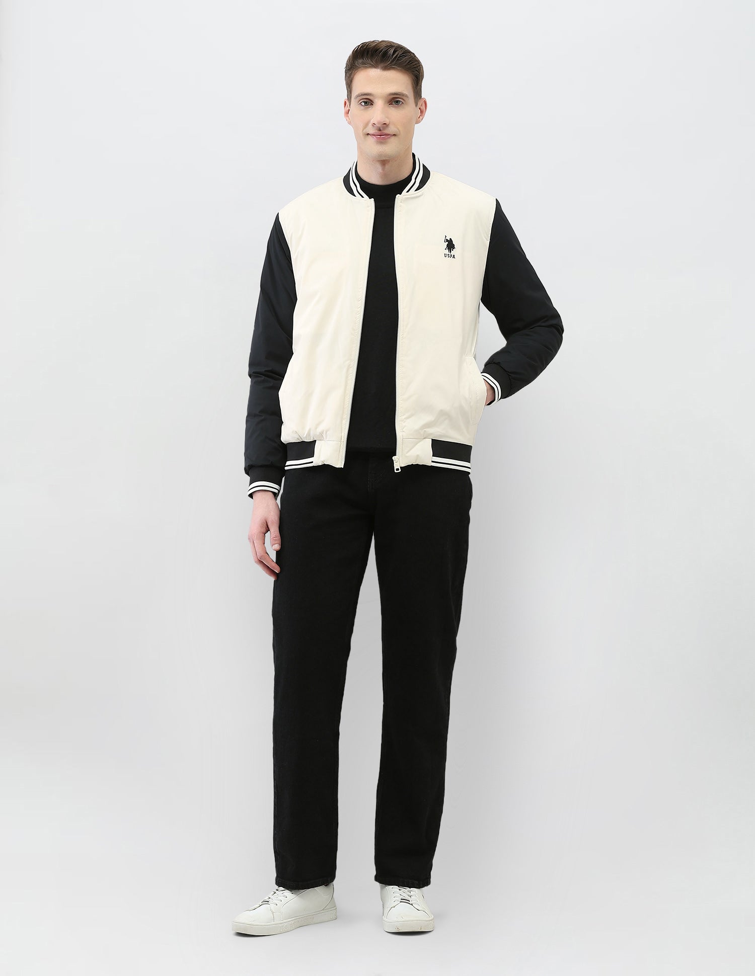 Colour Blocked Regular Fit Varsity Jacket Ivory - U.S. Polo Assn. India | Large