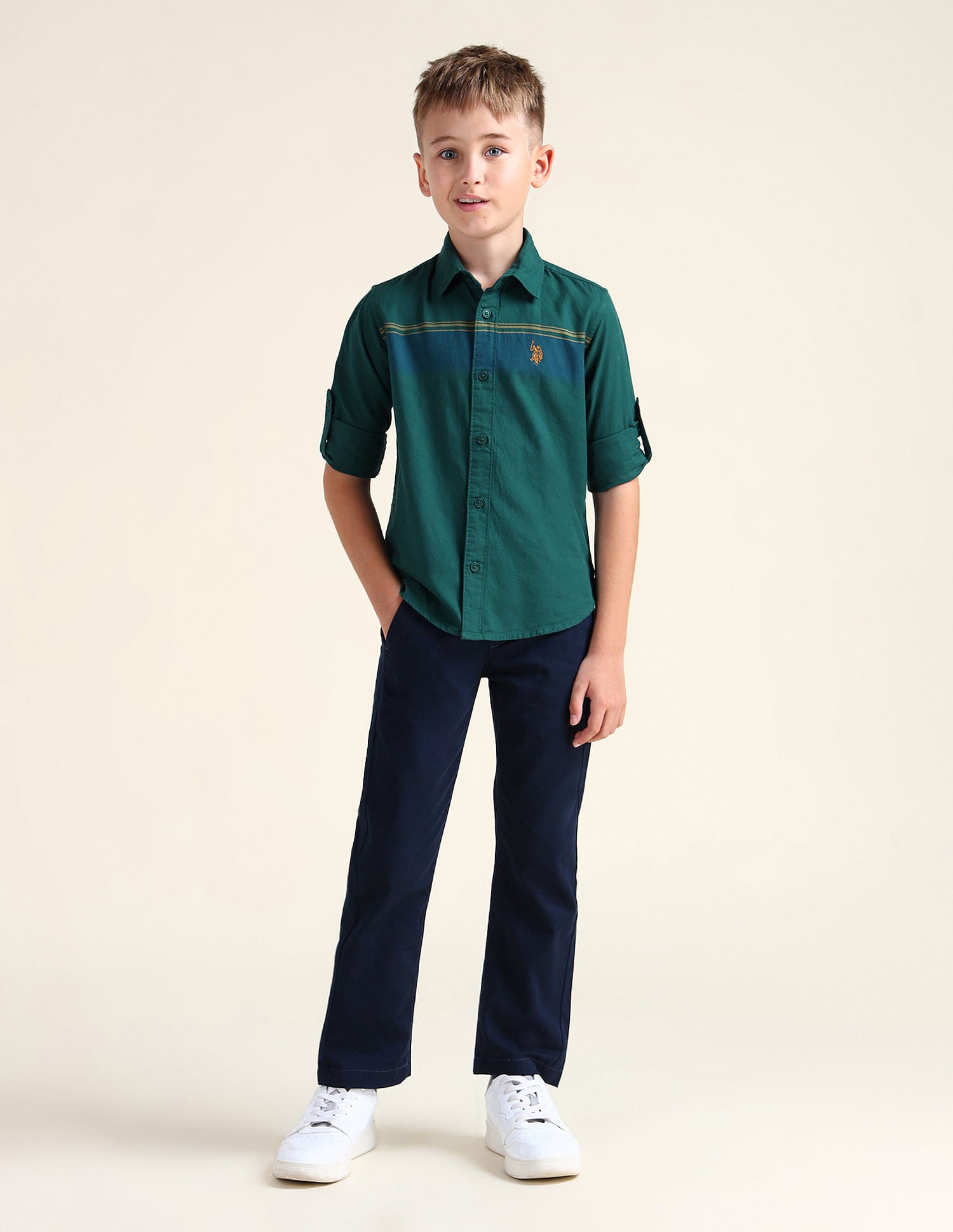 Boys Horizontal Striped Cotton Shirt Green - U.S. Polo Assn. India | Large