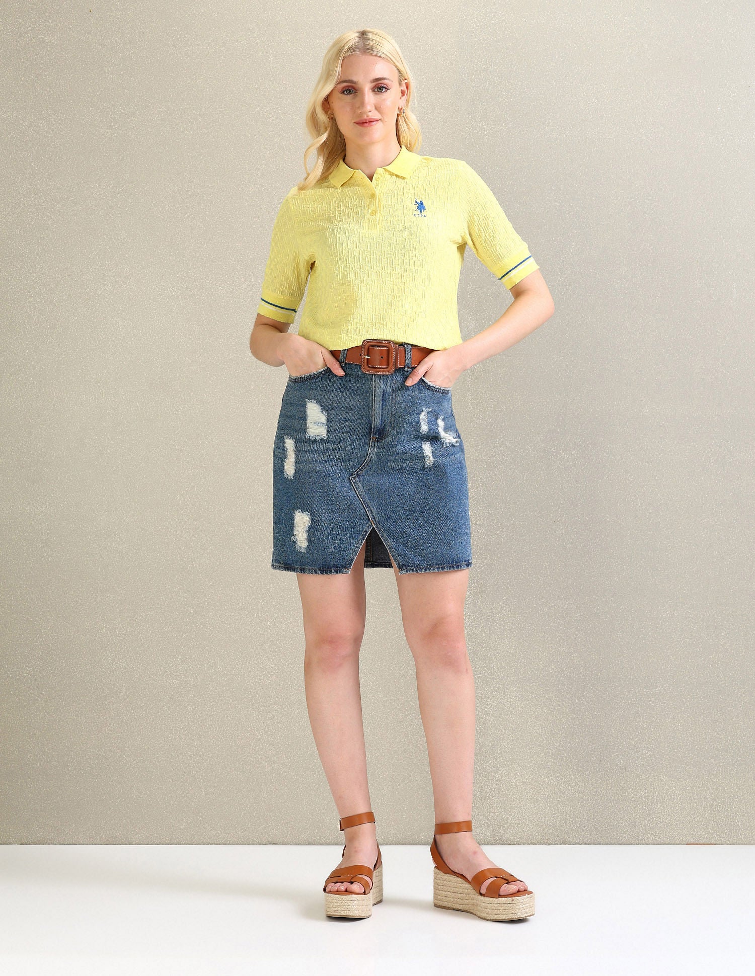 Ribbed Collar Textured Polo Shirt Yellow - U.S. POLO ASSN. | Large