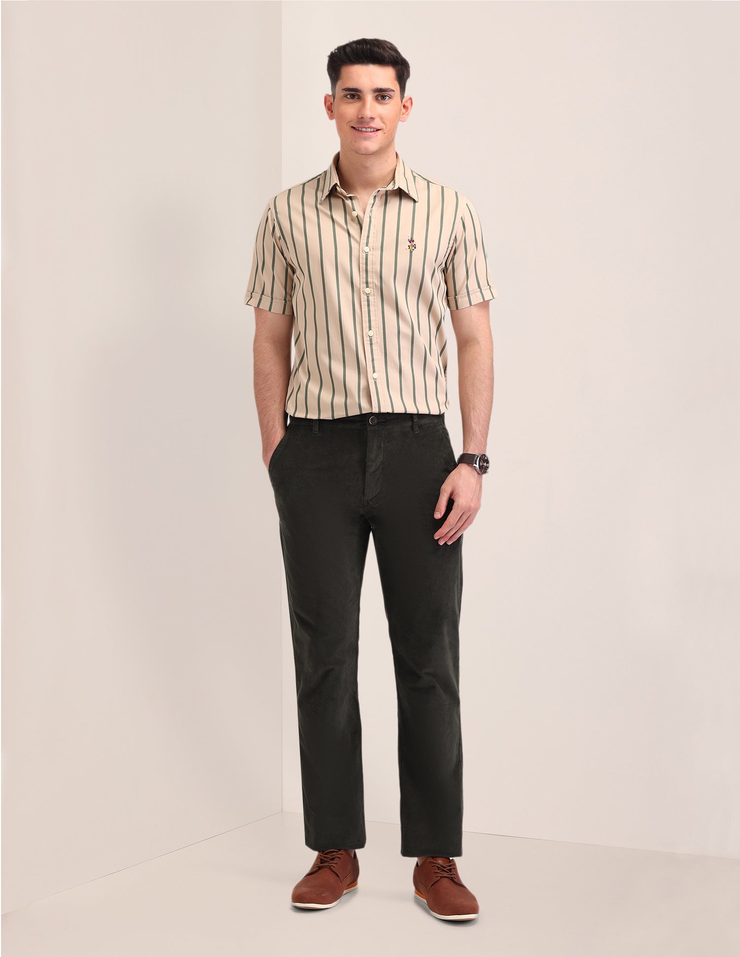 Vertical Striped Tailored Fit Shirt Beige - U.S. Polo Assn. India | Large