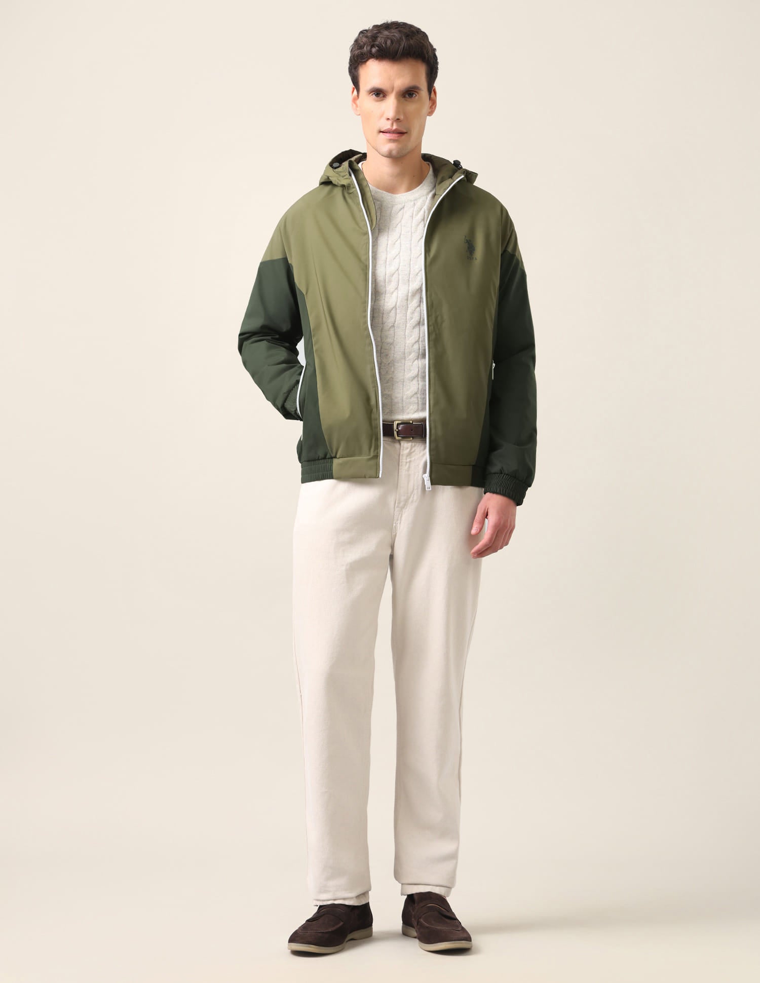 Colour Block Logo Hooded Jacket Olive - U.S. Polo Assn. India | Large