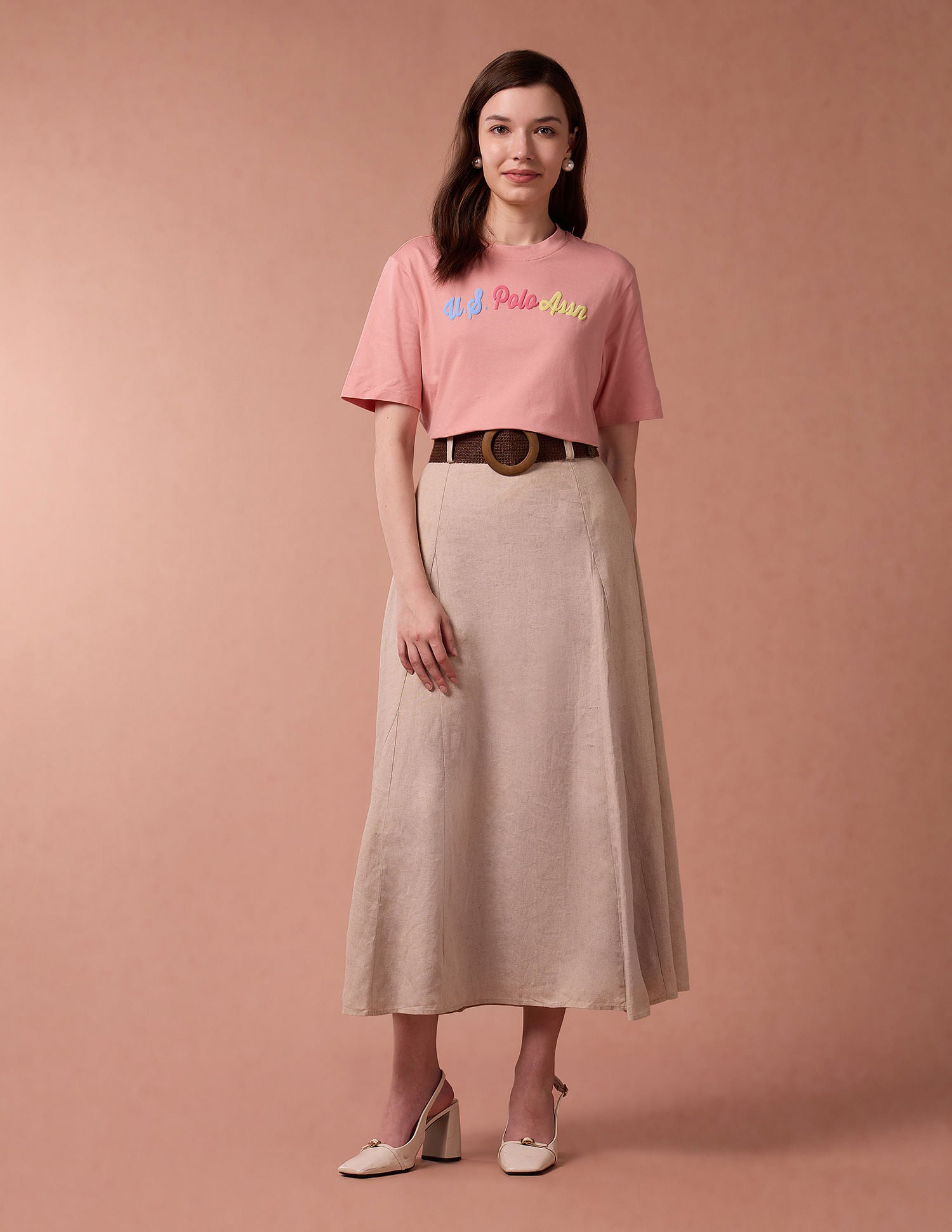 Brand Print Boyfriend T-Shirt Peach - U.S. POLO ASSN. | Large