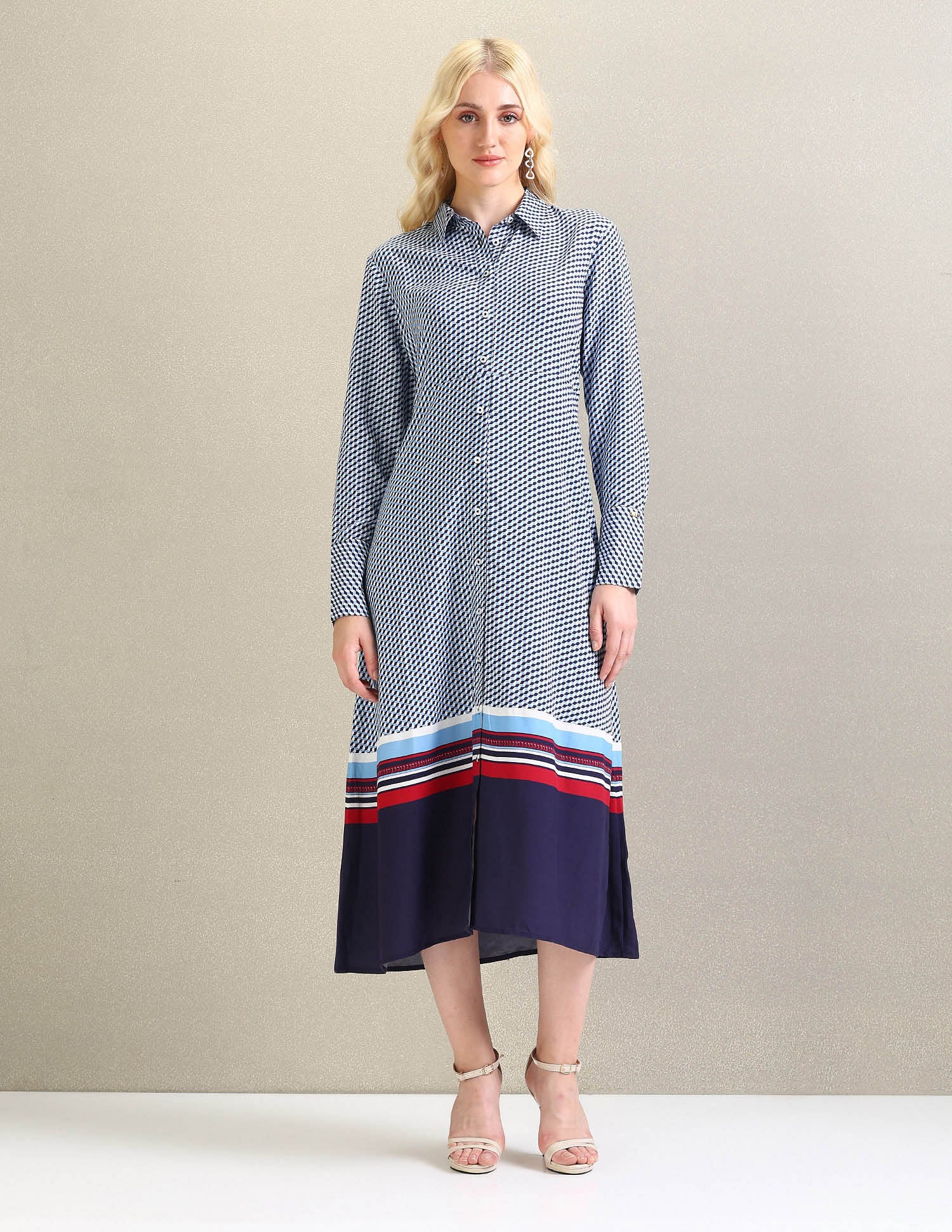 Geometric Print Viscose Shirt Dress Blue - U.S. Polo Assn. India | Large