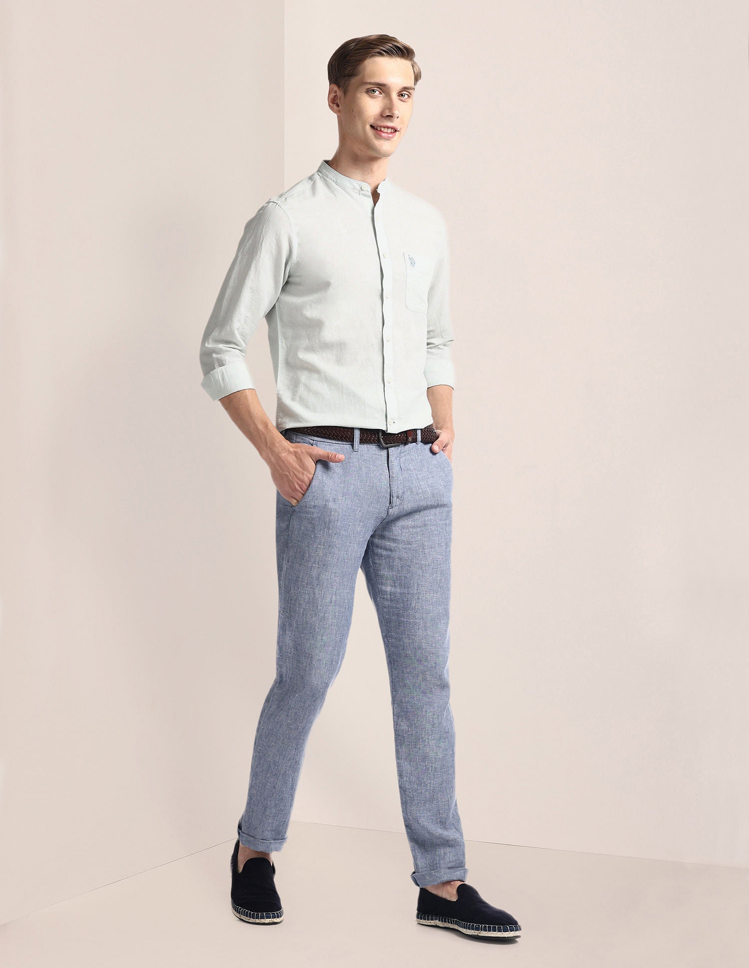 Mandarin Collar Linen Blend Shirt Light Aqua - U.S. Polo Assn. India | Large