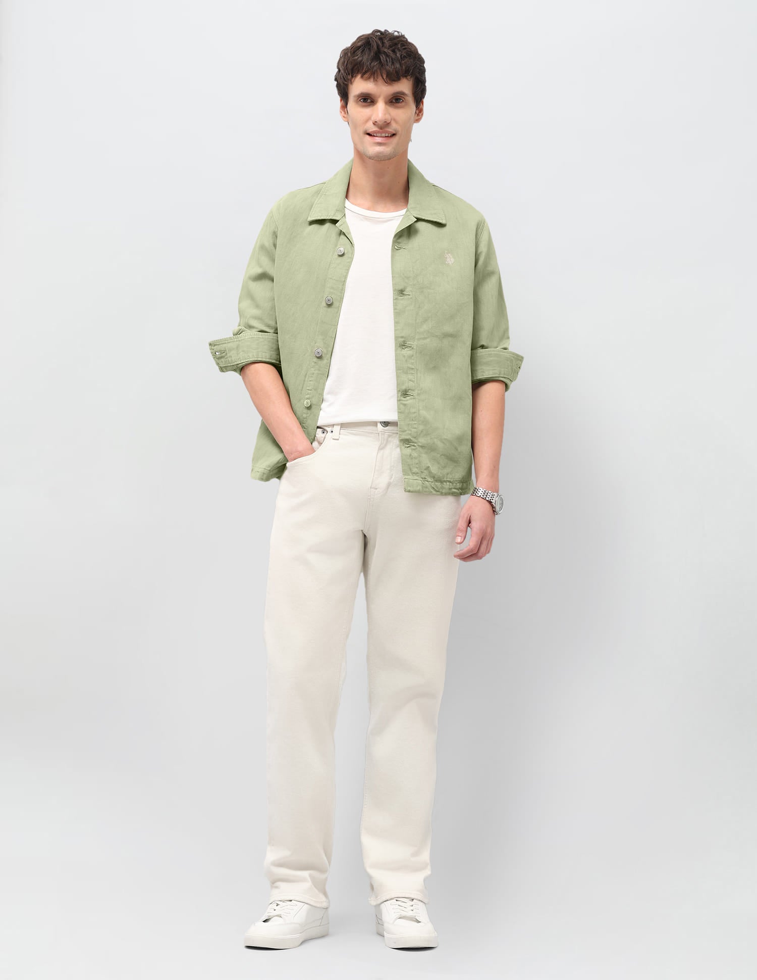 Solid Linen Regular Fit Jacket Green - U.S. Polo Assn. India | Large