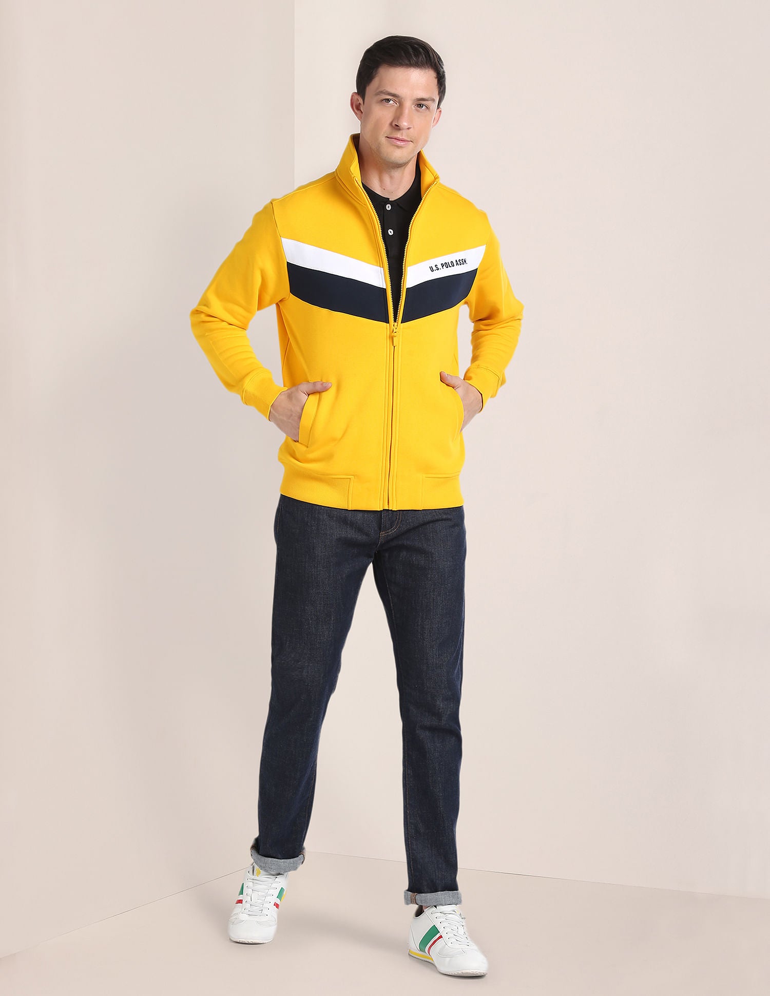 High Neck Brand Striped Sweatshirt Yellow - U.S. POLO ASSN. | Large