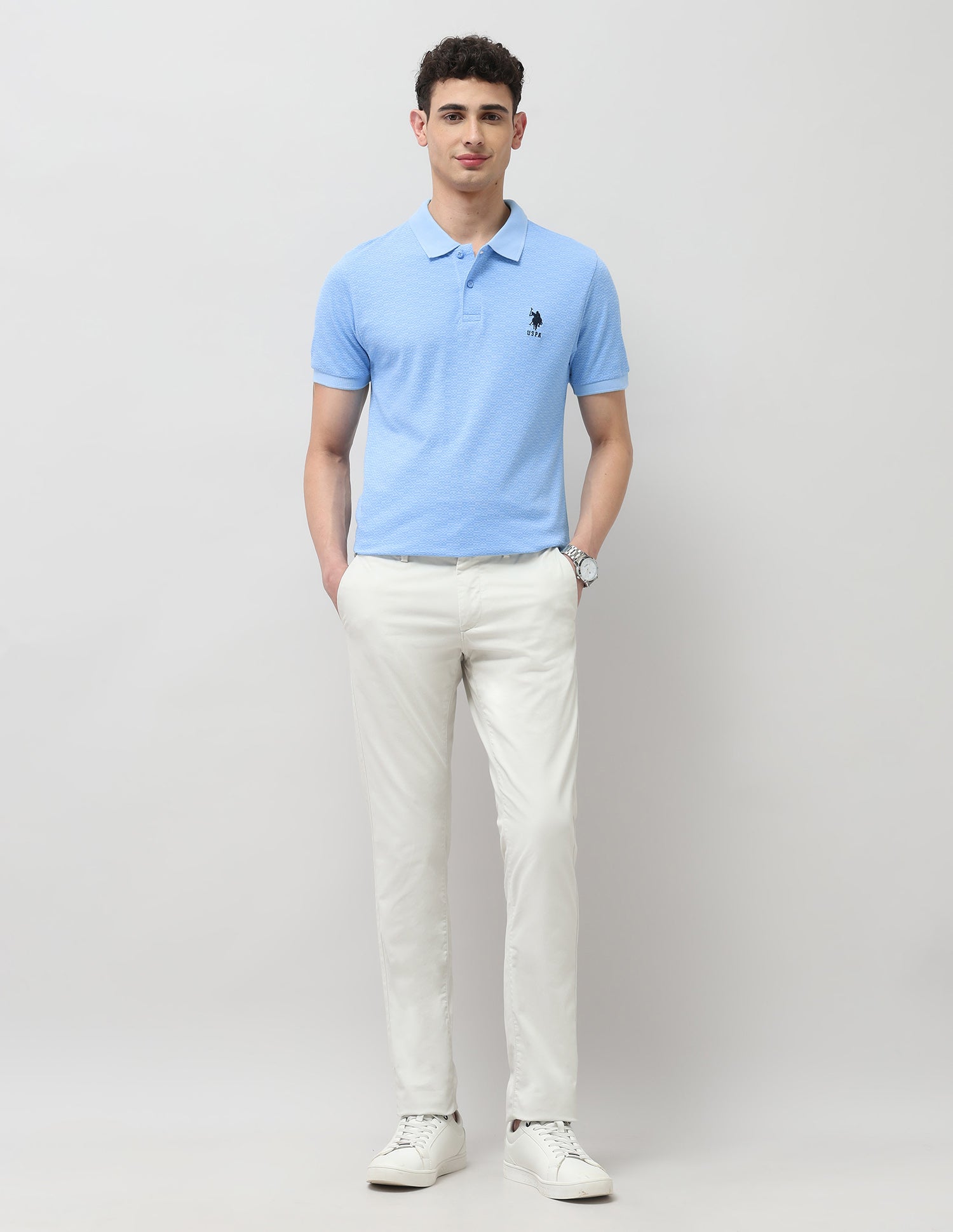 Slim Fit All Over Printed Polo Shirt Light Blue - U.S. Polo Assn. India | Large