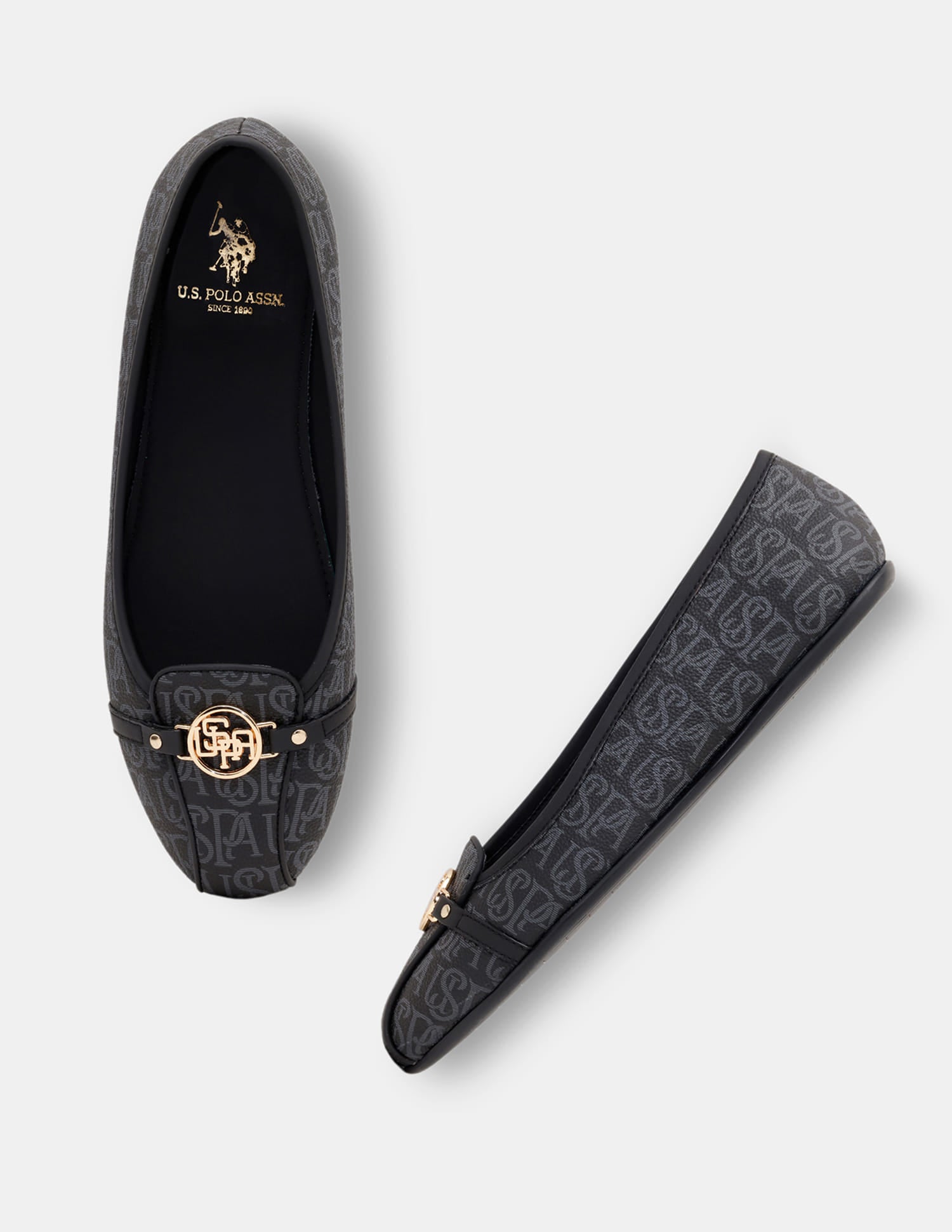 Alina 3.0 Black Monogram Print Ballerinas Black - U.S. Polo Assn. India | Large