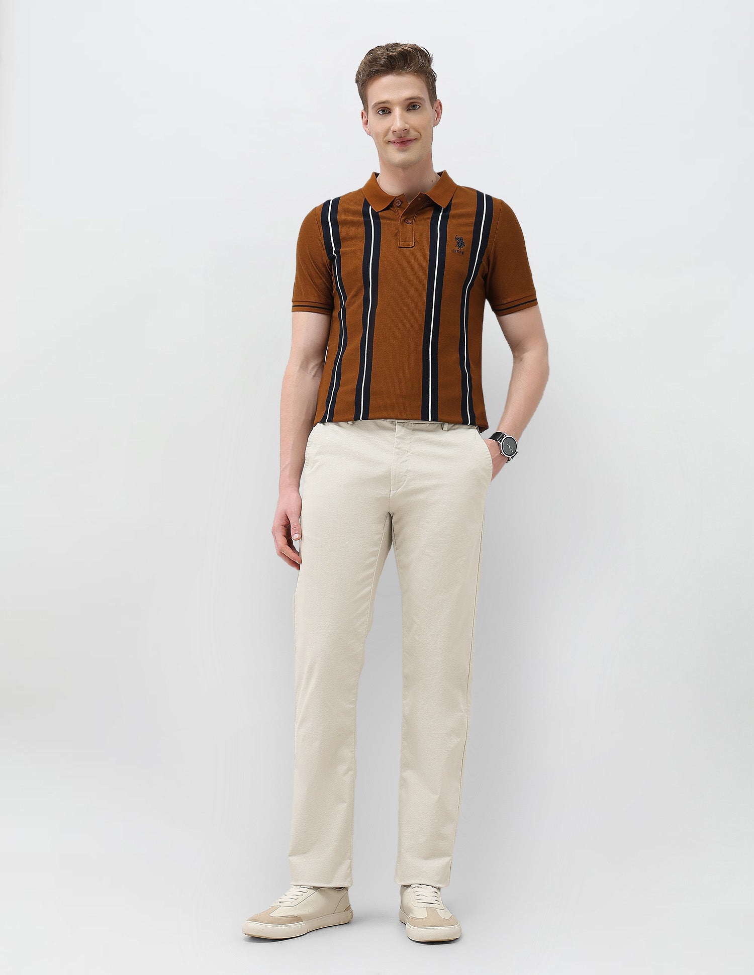Textured Riley Straight Fit Trousers Beige - U.S. Polo Assn. India | Large