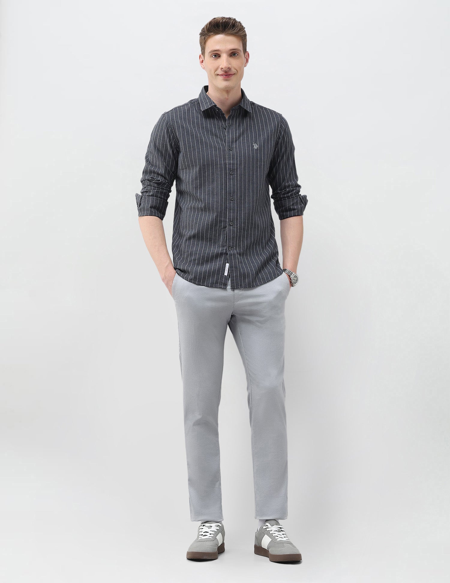 Twill Vertical Striped Shirt Dark Grey - U.S. Polo Assn. India | Large