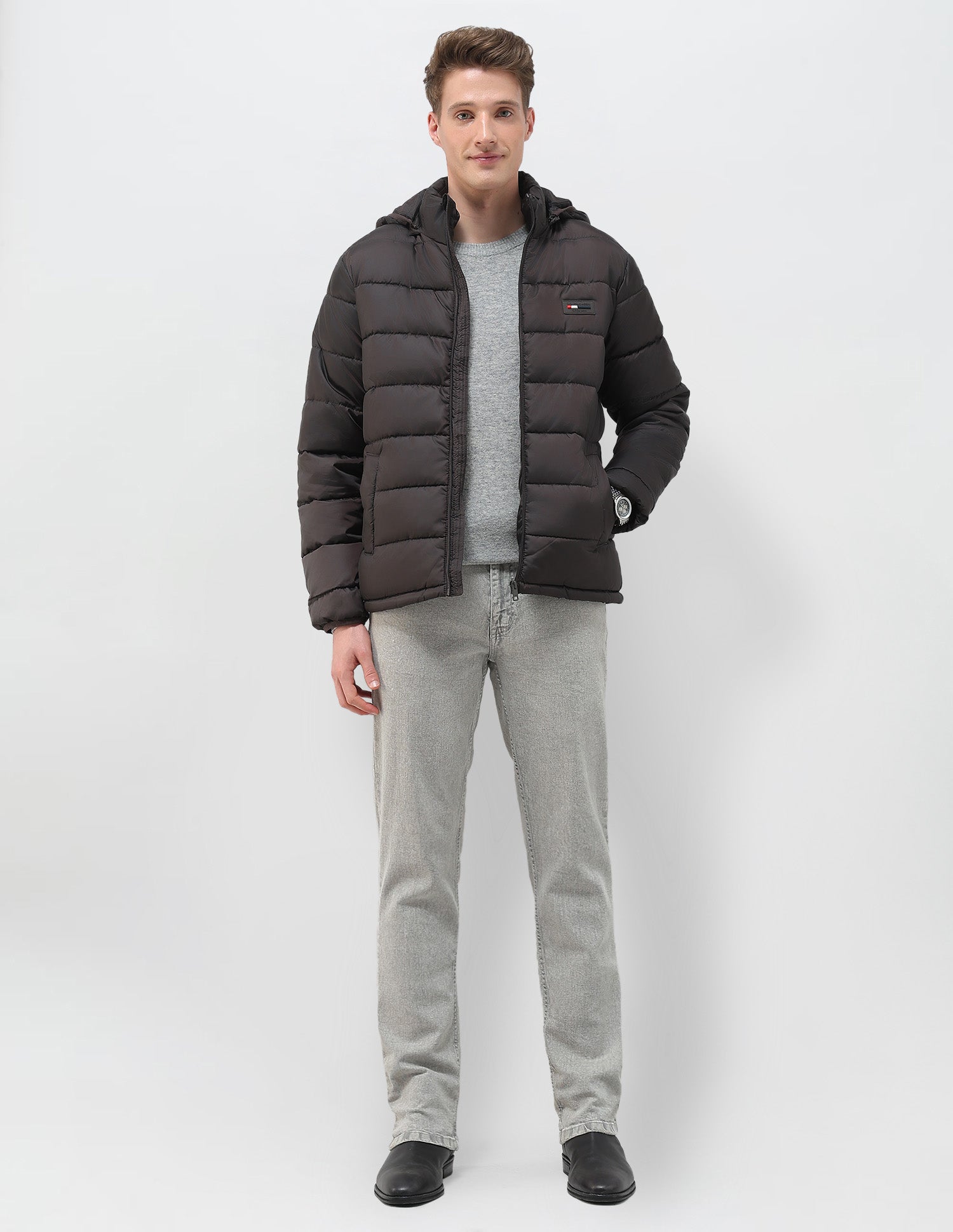 Removable Hood Solid Puffer Jacket Dark Brown - U.S. Polo Assn. India | Large