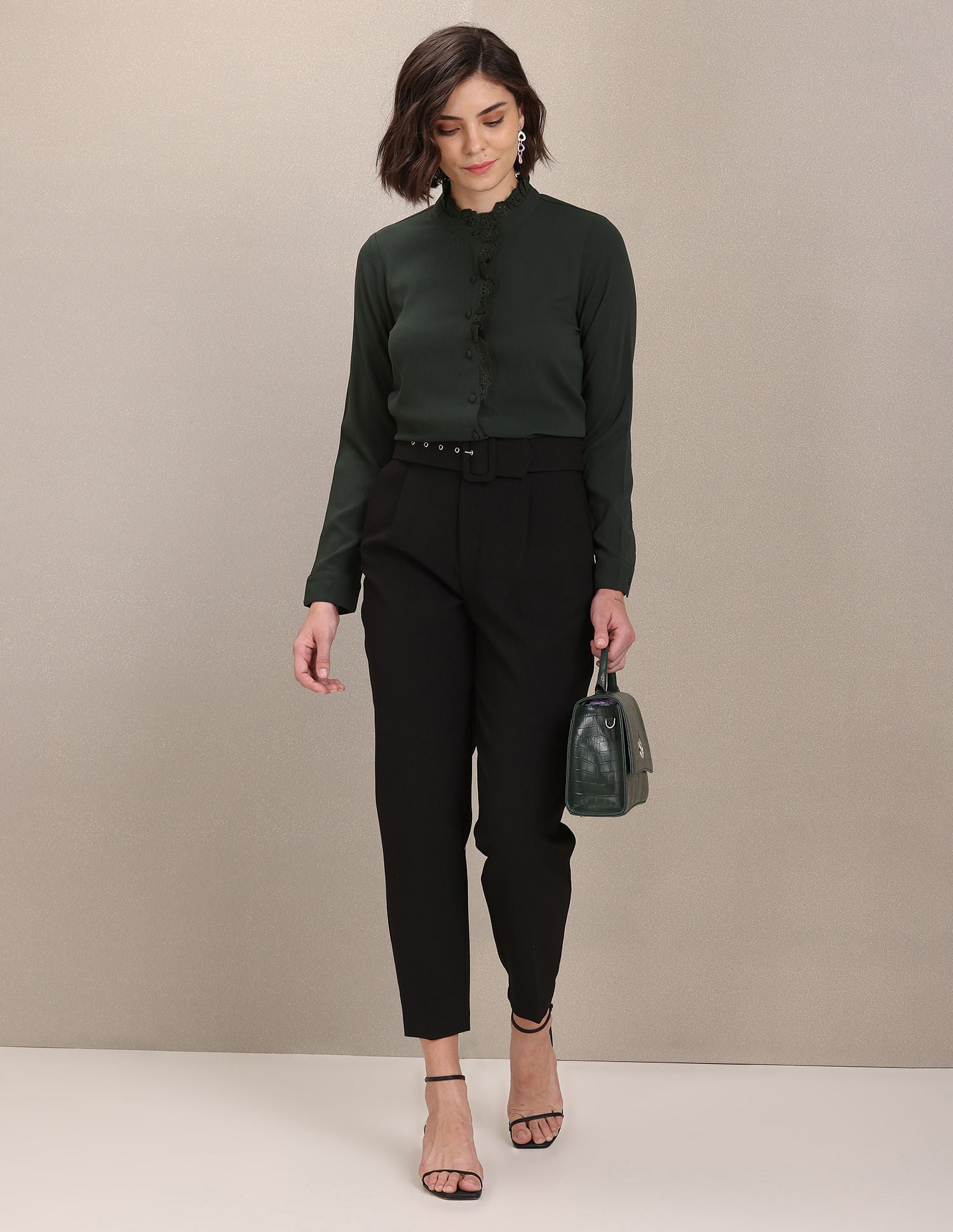 Ruffled Collar Long Sleeve Solid Top Black - U.S. POLO ASSN. | Large