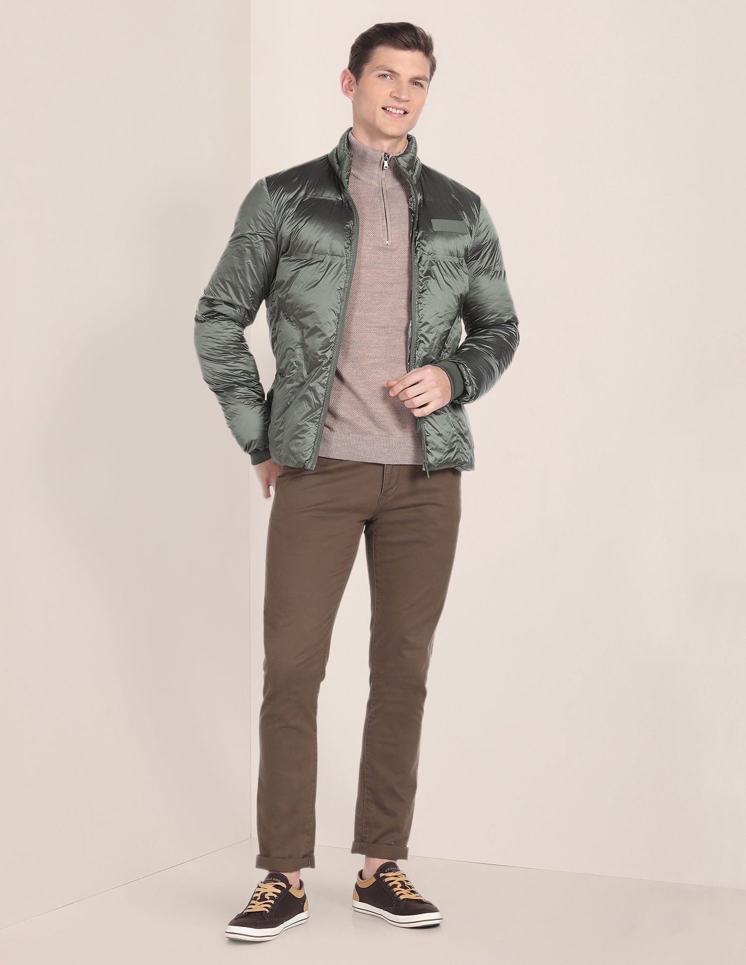 High Neck Solid Puffer Jacket Olive - U.S. Polo Assn. India | Large