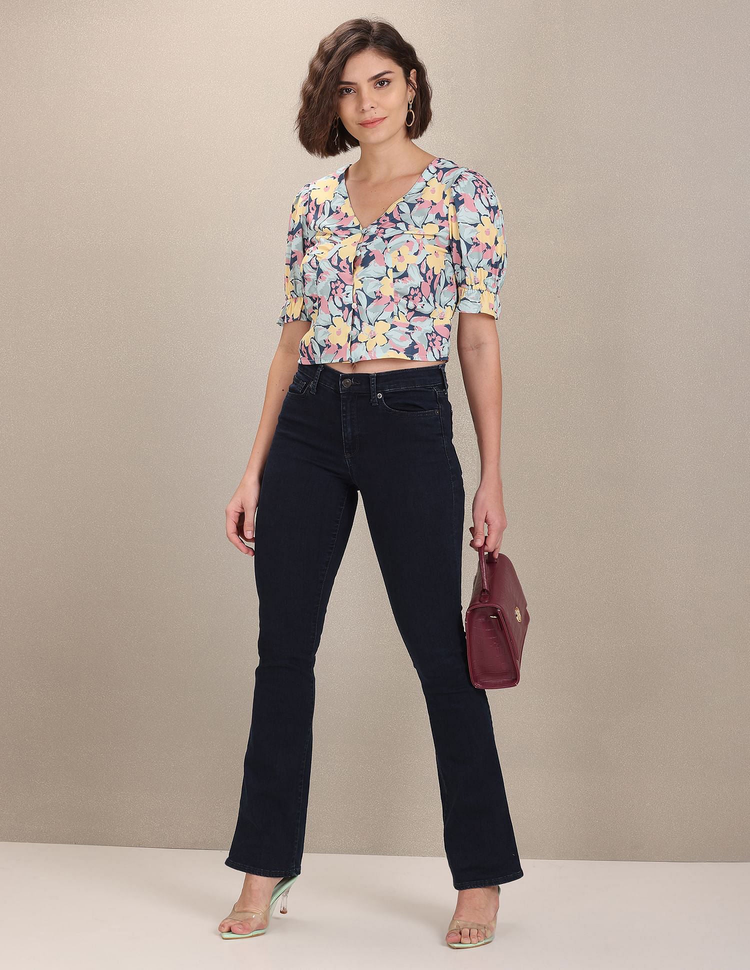 V-Neck Puff Sleeve Crop Top Yellow, Pink and Blue - U.S. Polo Assn. India | Large
