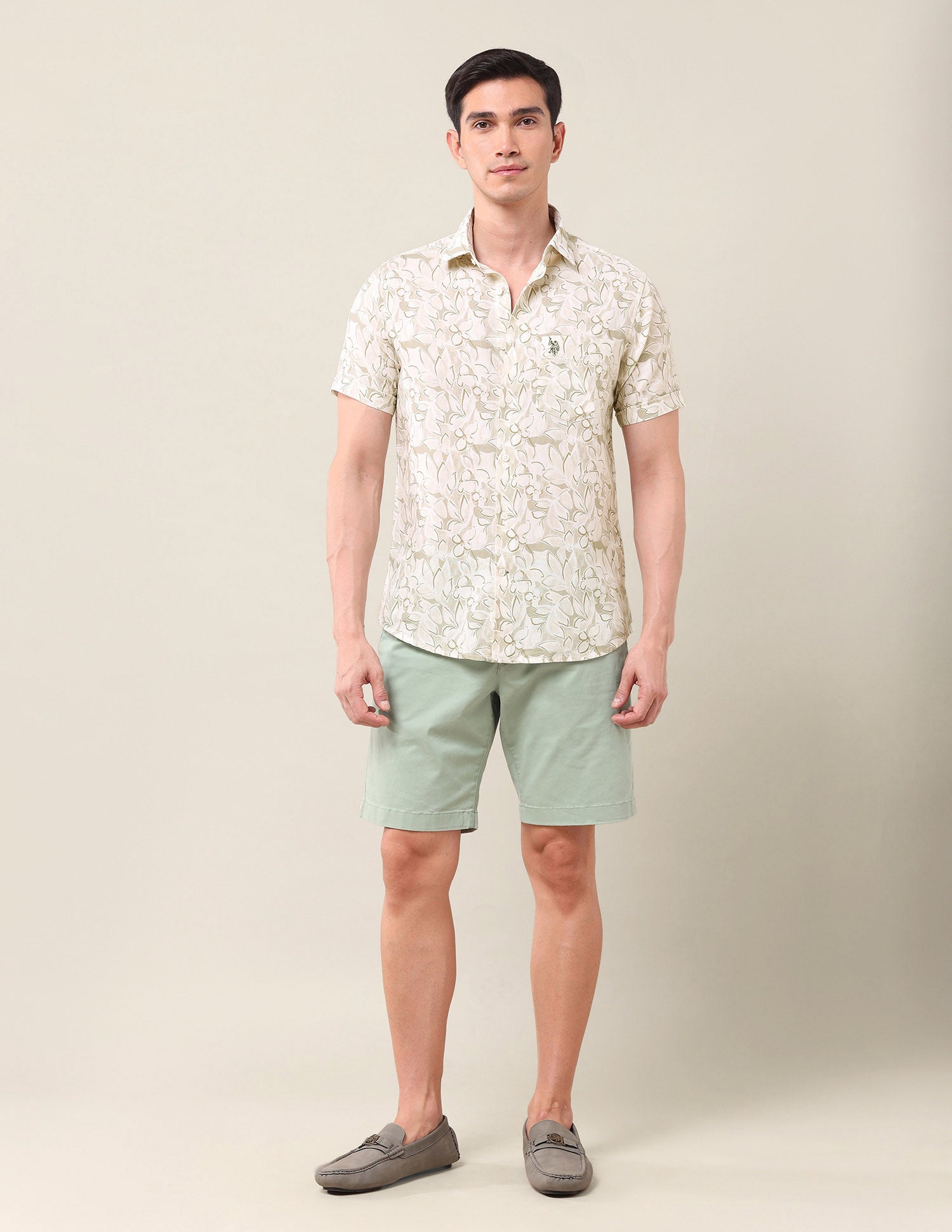Floral Printed Tailored Fit Shirt Light Olive - U.S. Polo Assn. India | Large