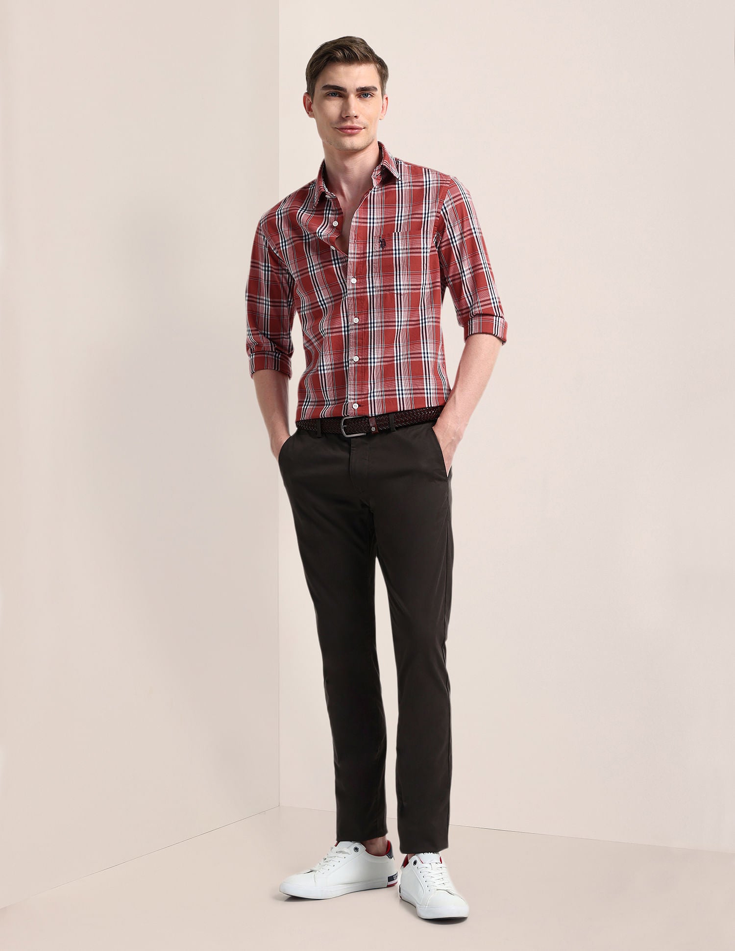 Cutaway Collar Premium Cotton Shirt Red - U.S. Polo Assn. India | Large