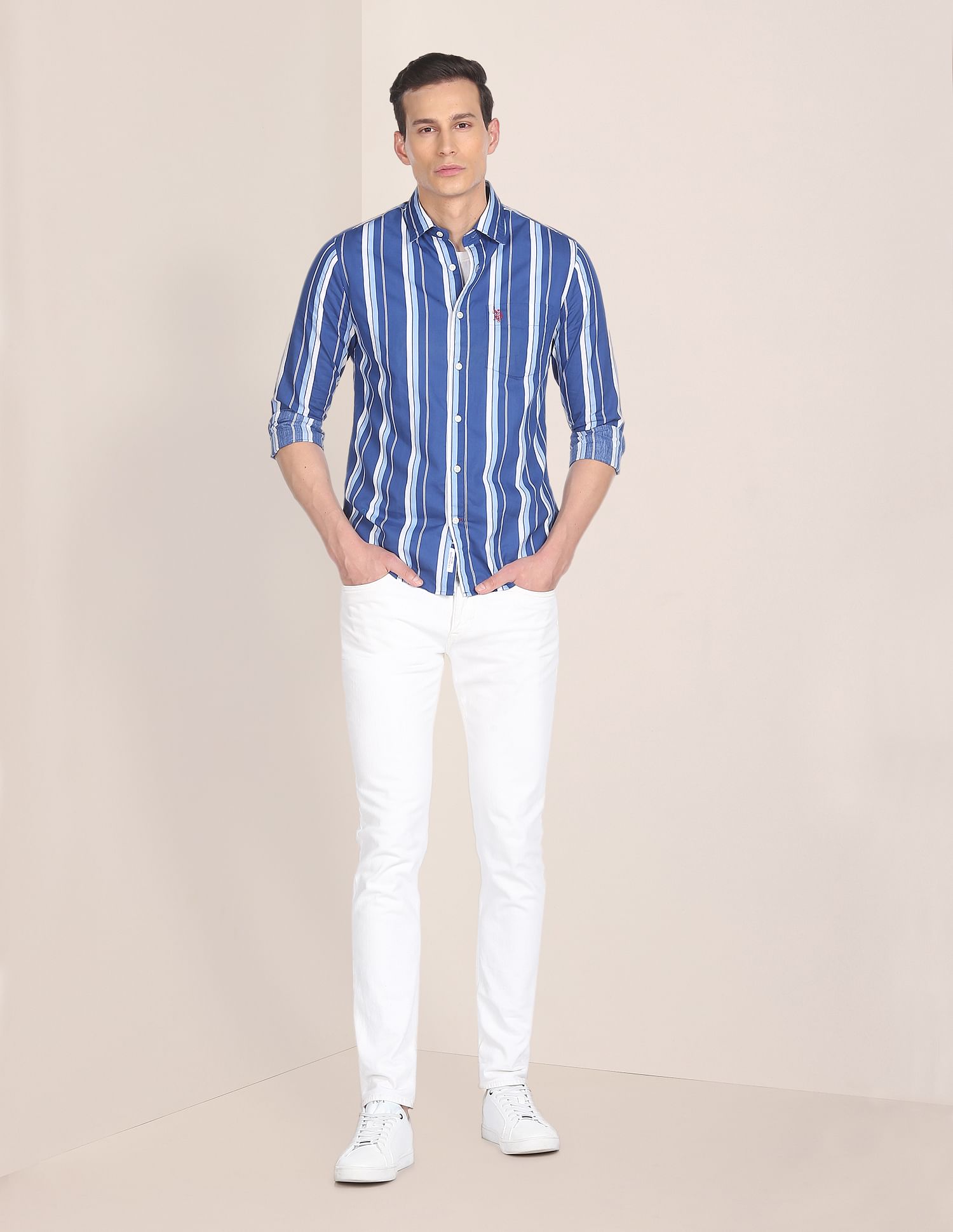 Regular Fit Striped Casual Shirt Blue - U.S. Polo Assn. India | Large
