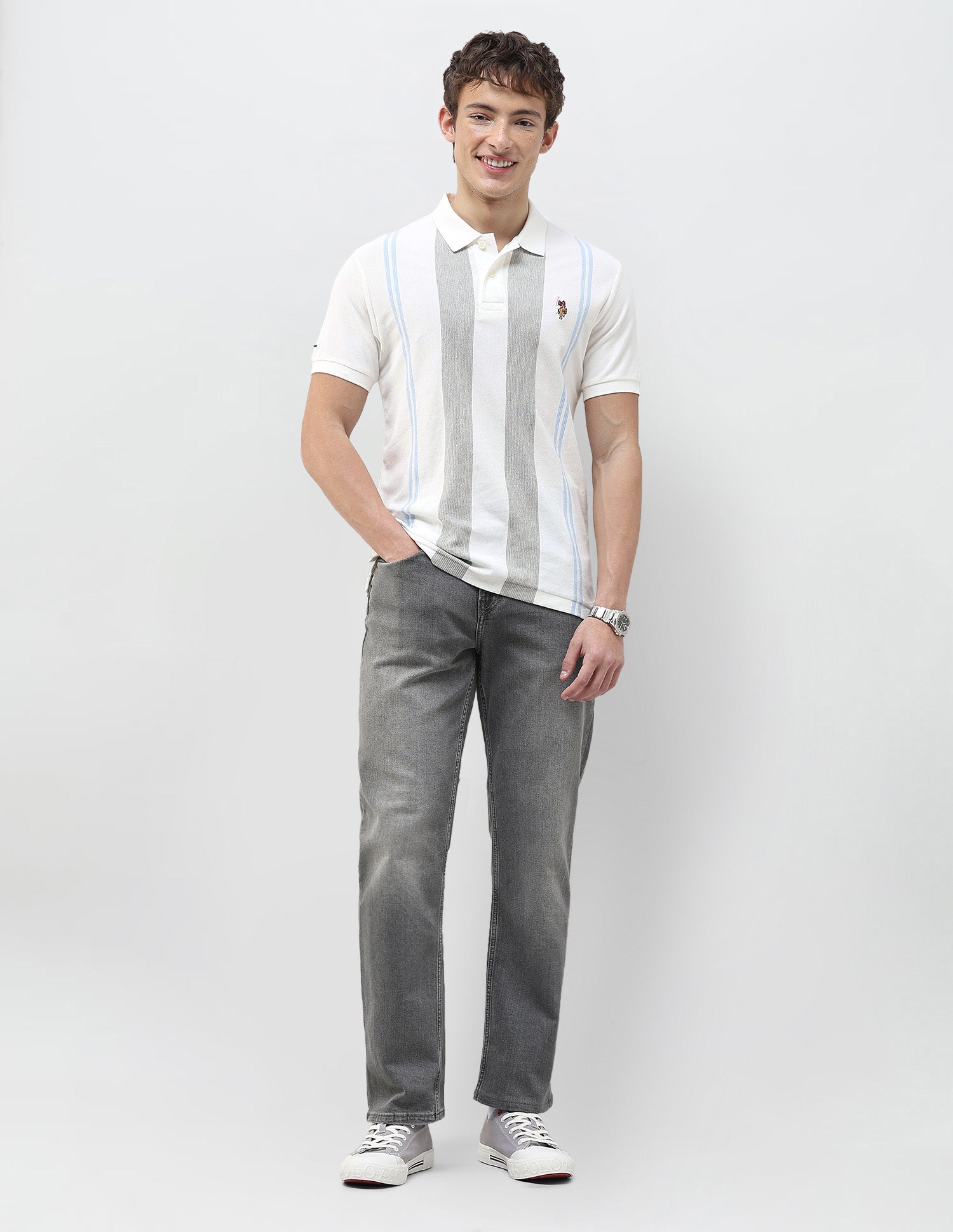 Vertical Striped Muscle Fit Polo Shirt White - U.S. Polo Assn. India | Large