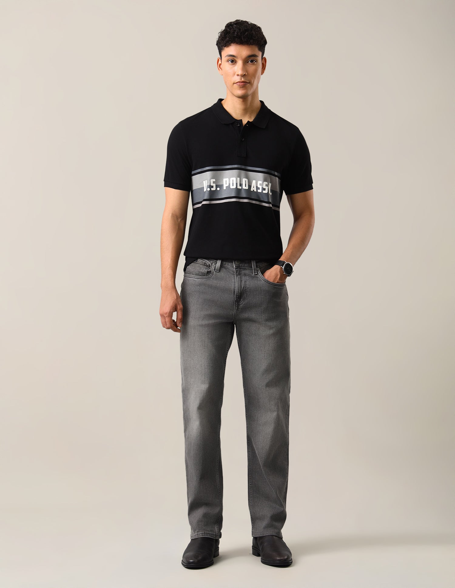 Colourblocked With Brand Printed Slim Fit Polo Shirt Black - U.S. Polo Assn. India | Large