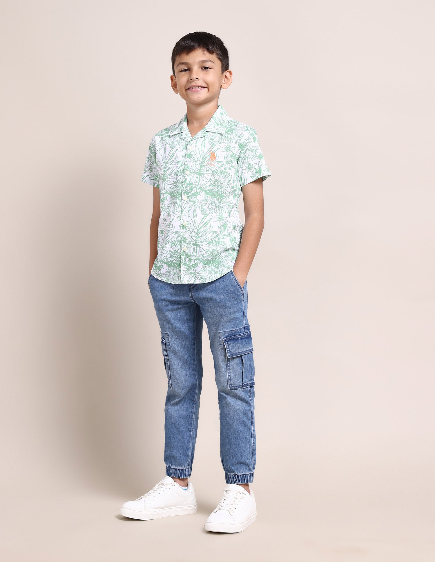 Boys Notch Collar Cotton Shirt Green - U.S. POLO ASSN. | Large