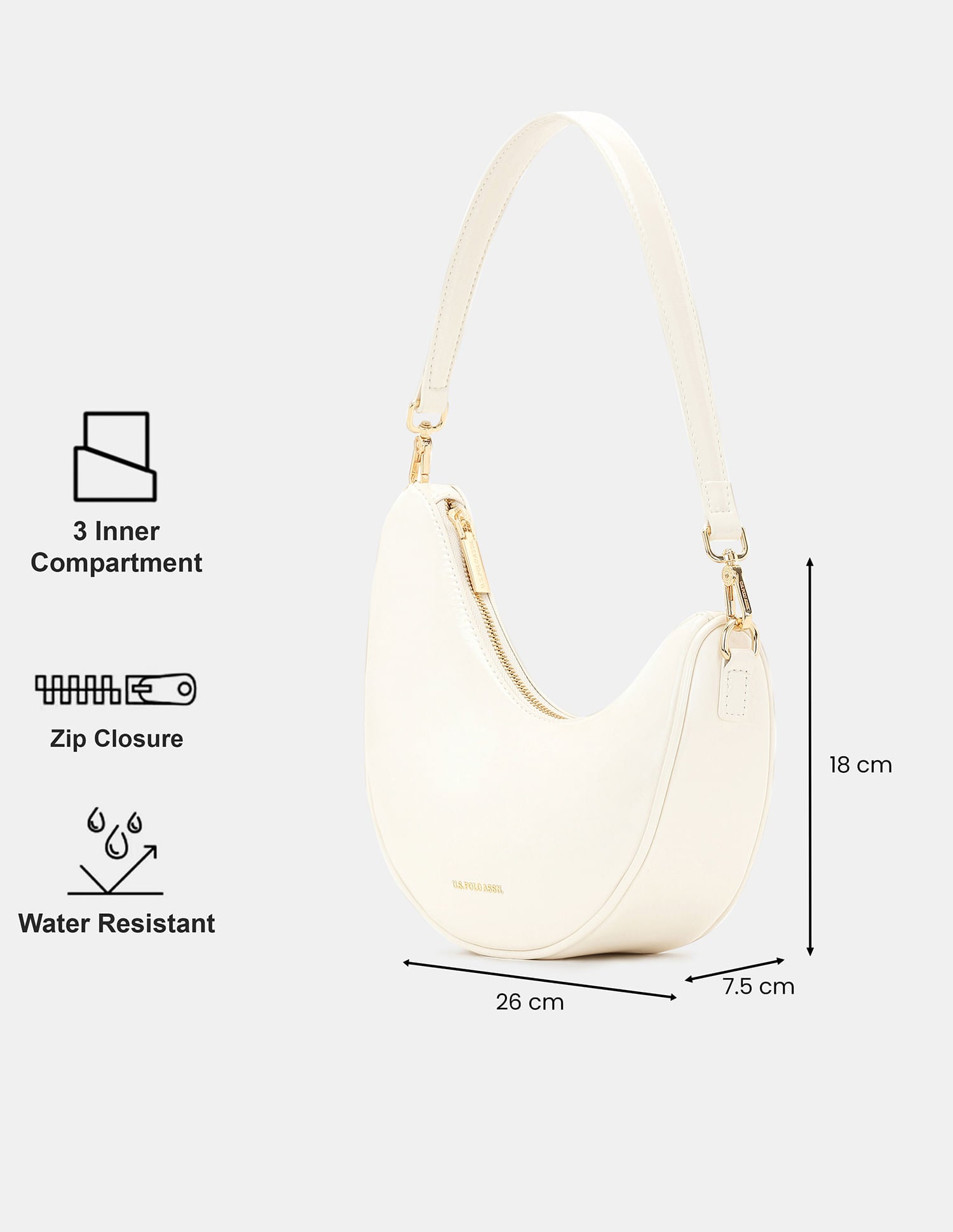 Women Belle Half-Moon Shoulder Bag with Patent Finish White - U.S. POLO ASSN. | Large