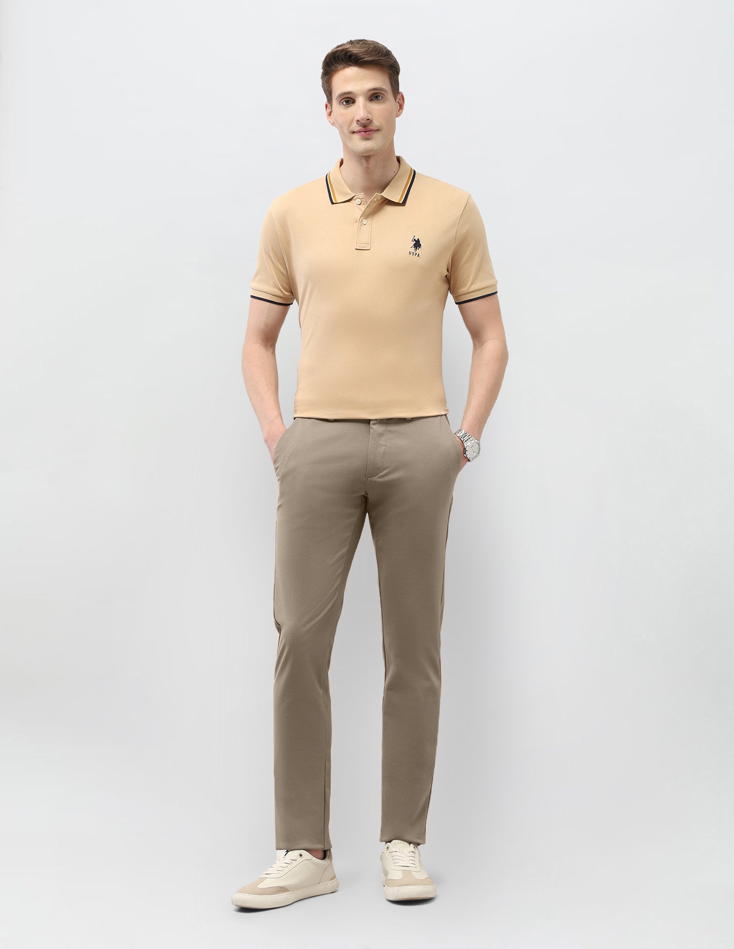 Solid Austin Slim Fit Trousers Khaki - U.S. Polo Assn. India | Large