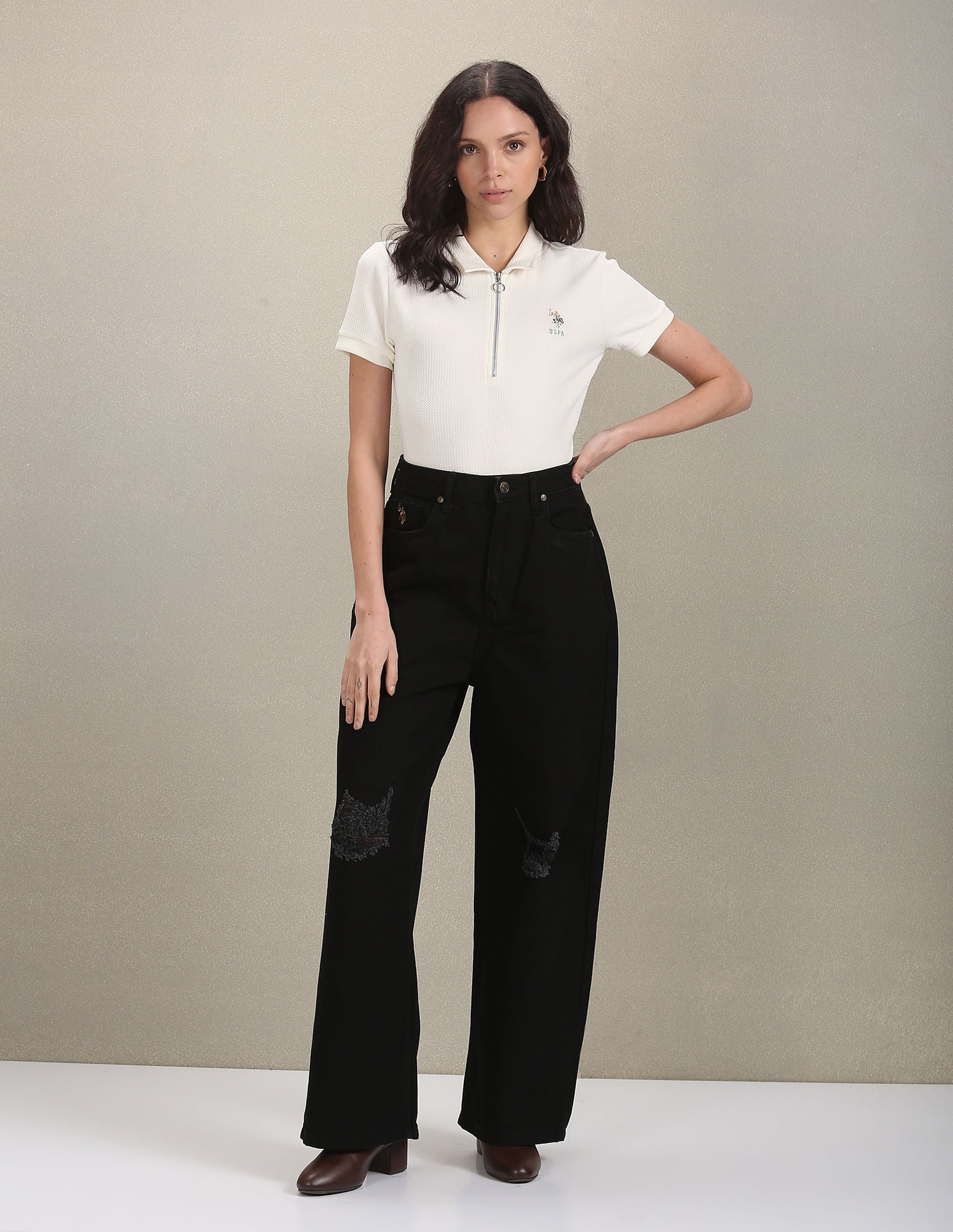 Wide Leg High Rise Jeans Black - U.S. POLO ASSN. | Large