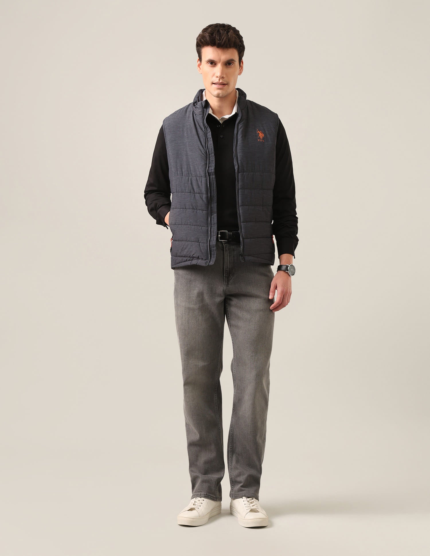 High Neck Sleeveless Solid Padded Jacket Grey - U.S. Polo Assn. India | Large