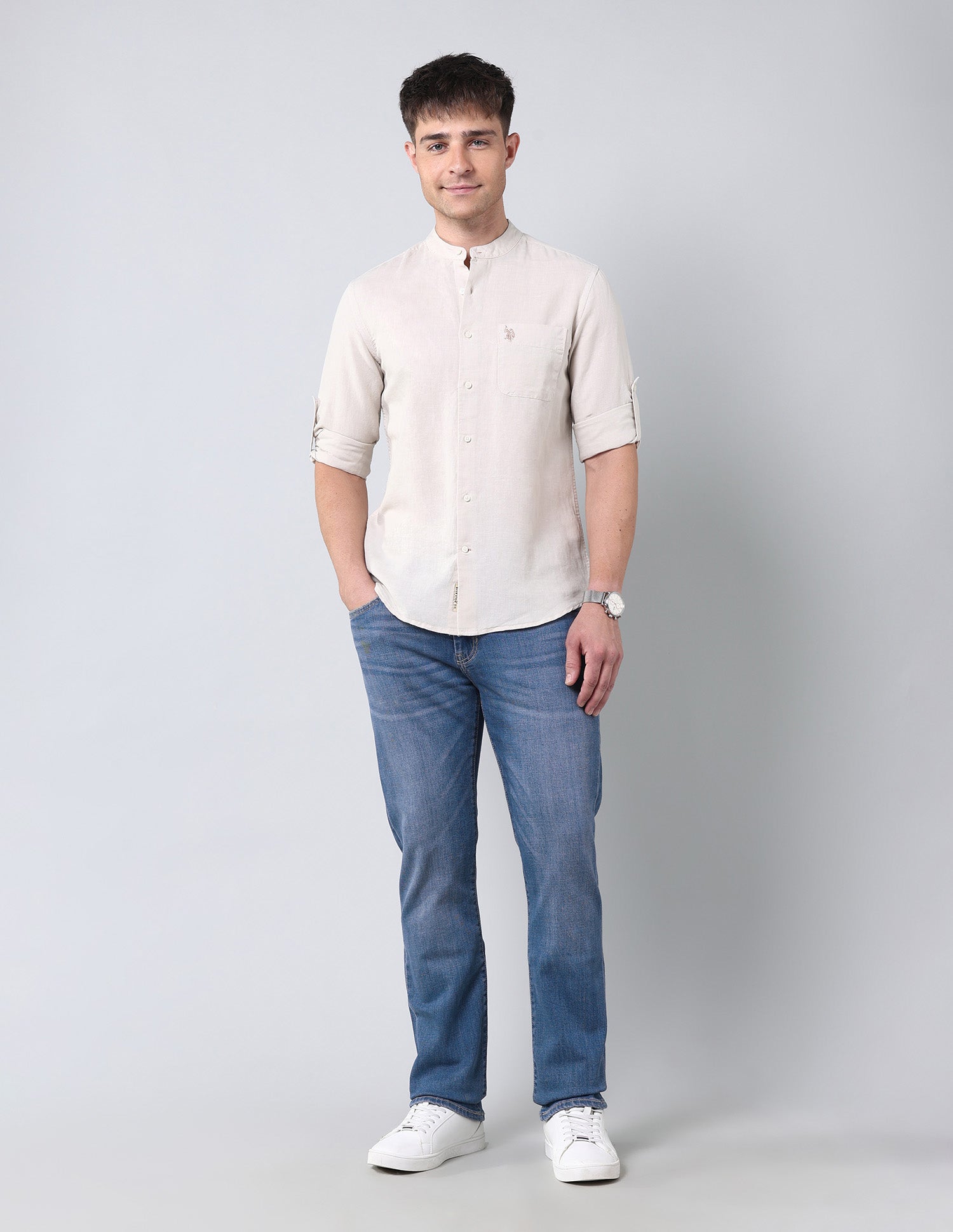 Solid Regular Fit Poplin Shirt Light Beige - U.S. Polo Assn. India | Large