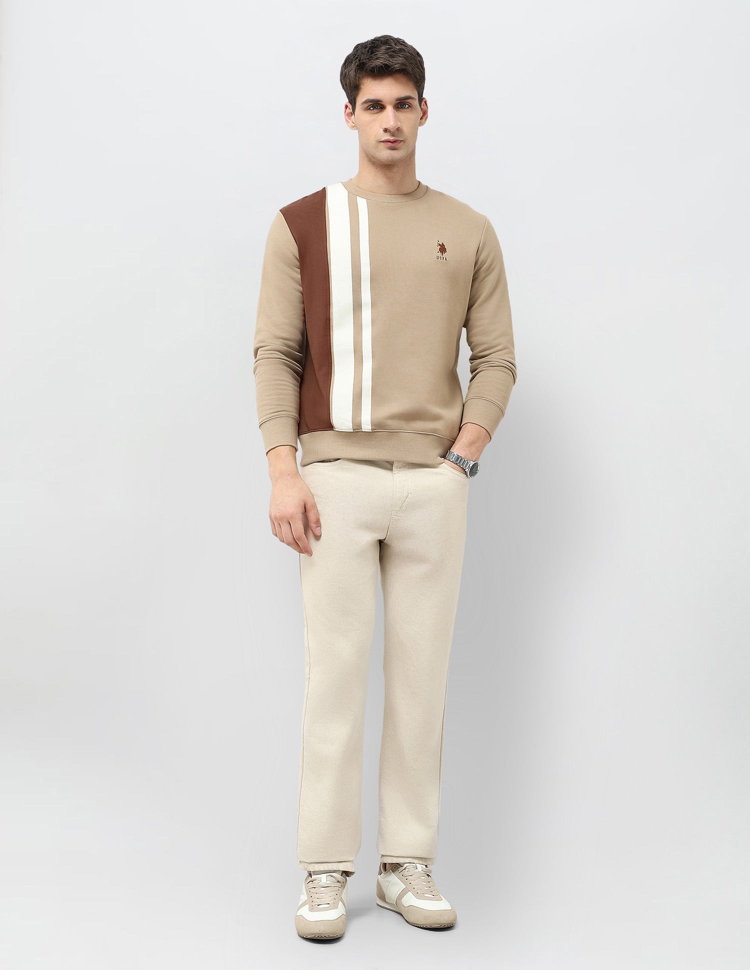 Colorblocked Regular Fit Sweatshirt Light Brown - U.S. POLO ASSN. | Large