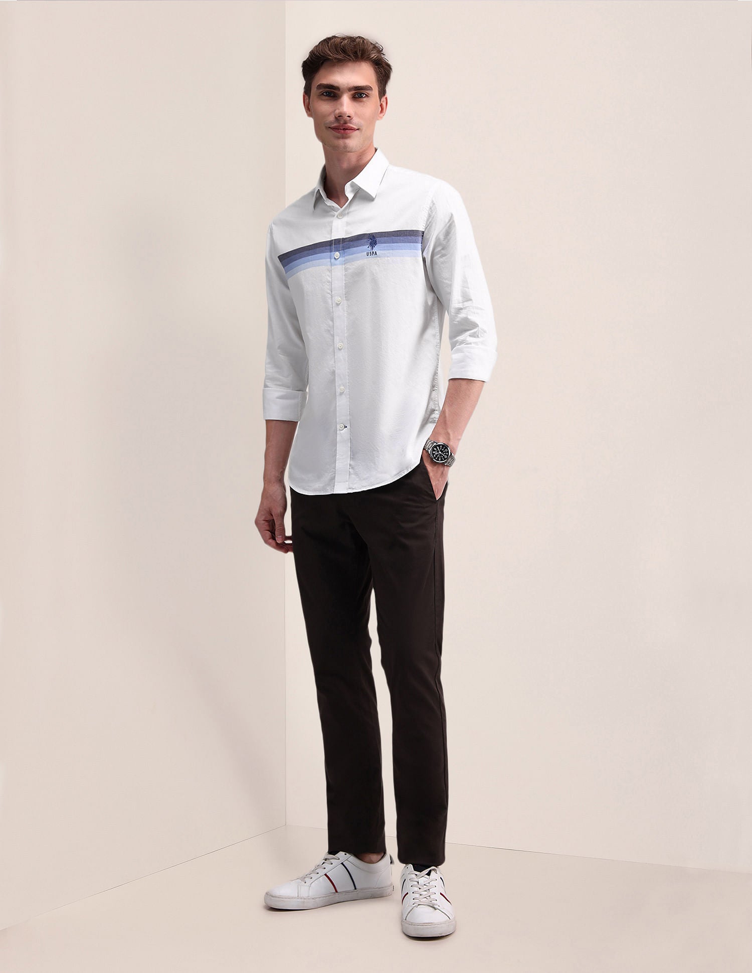 Engineered Stripe Pure Cotton Shirt White - U.S. Polo Assn. India | Large