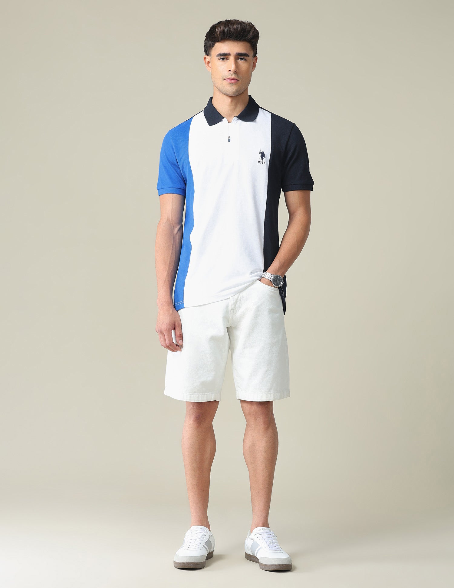 Colour Block Cotton Polo Shirt Navy and White - U.S. POLO ASSN. | Large