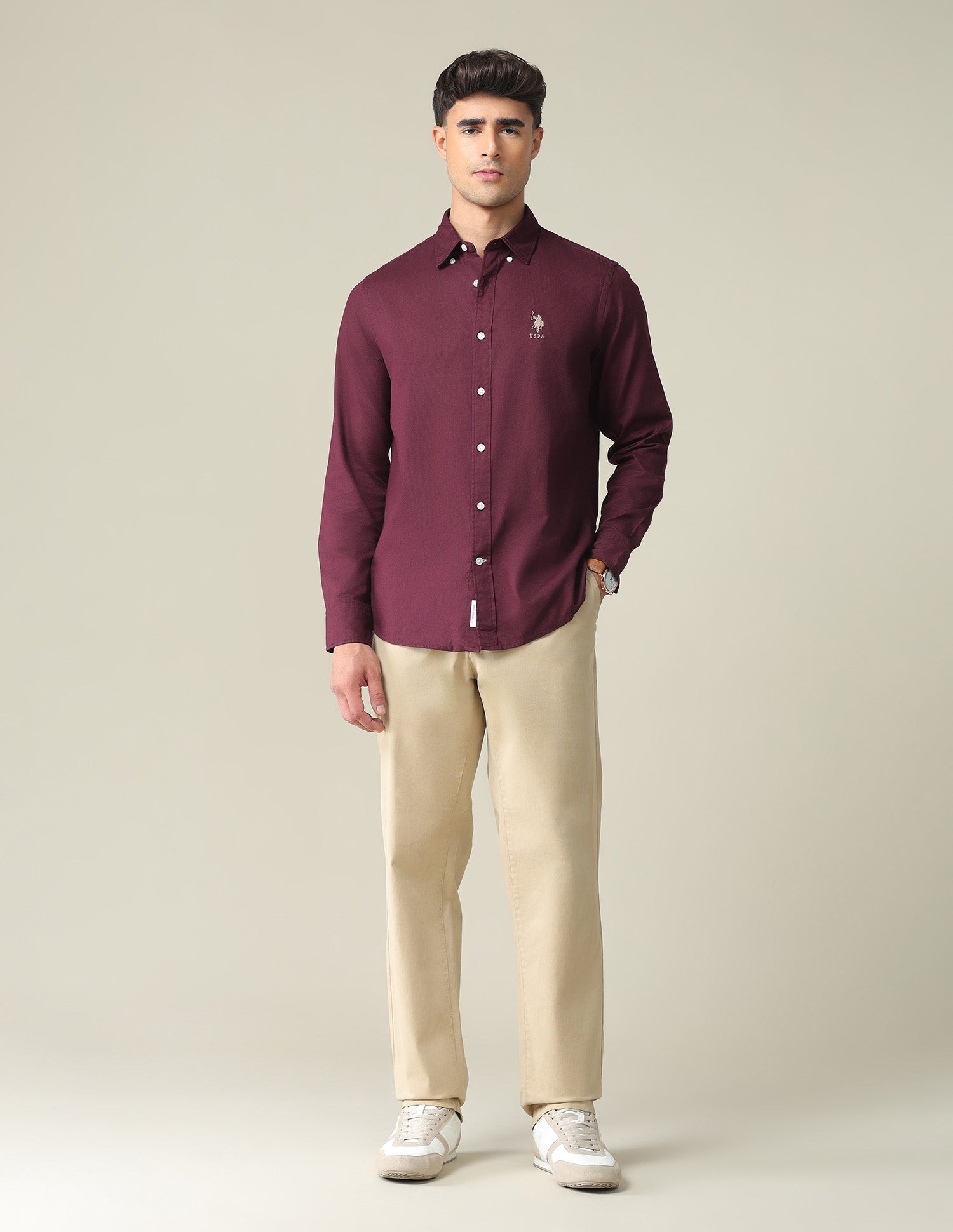 Button Down Collar Cotton Shirt Maroon - U.S. POLO ASSN. | Large