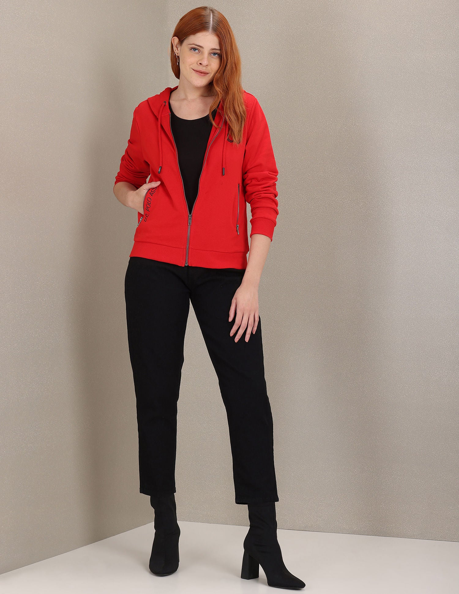 Solid Hooded Cropped Sweatshirt Red - U.S. Polo Assn. India | Large