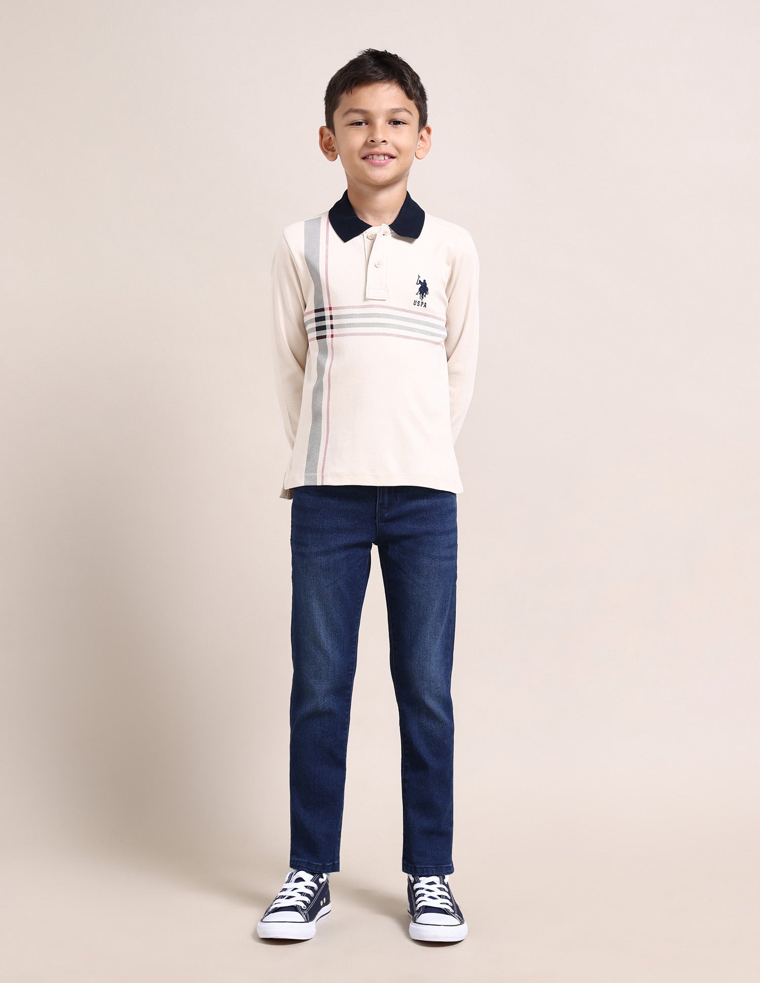 Boys Horizontal Striped Cotton Polo Shirt Beige - U.S. Polo Assn. India | Large